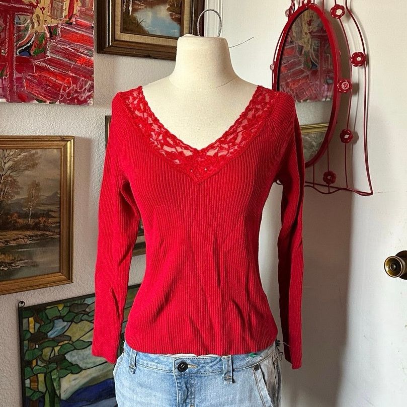 Other inspire one step up red ribbed lace long sleeve top Size L / US 10 / IT 46 - 1 Thumbnail