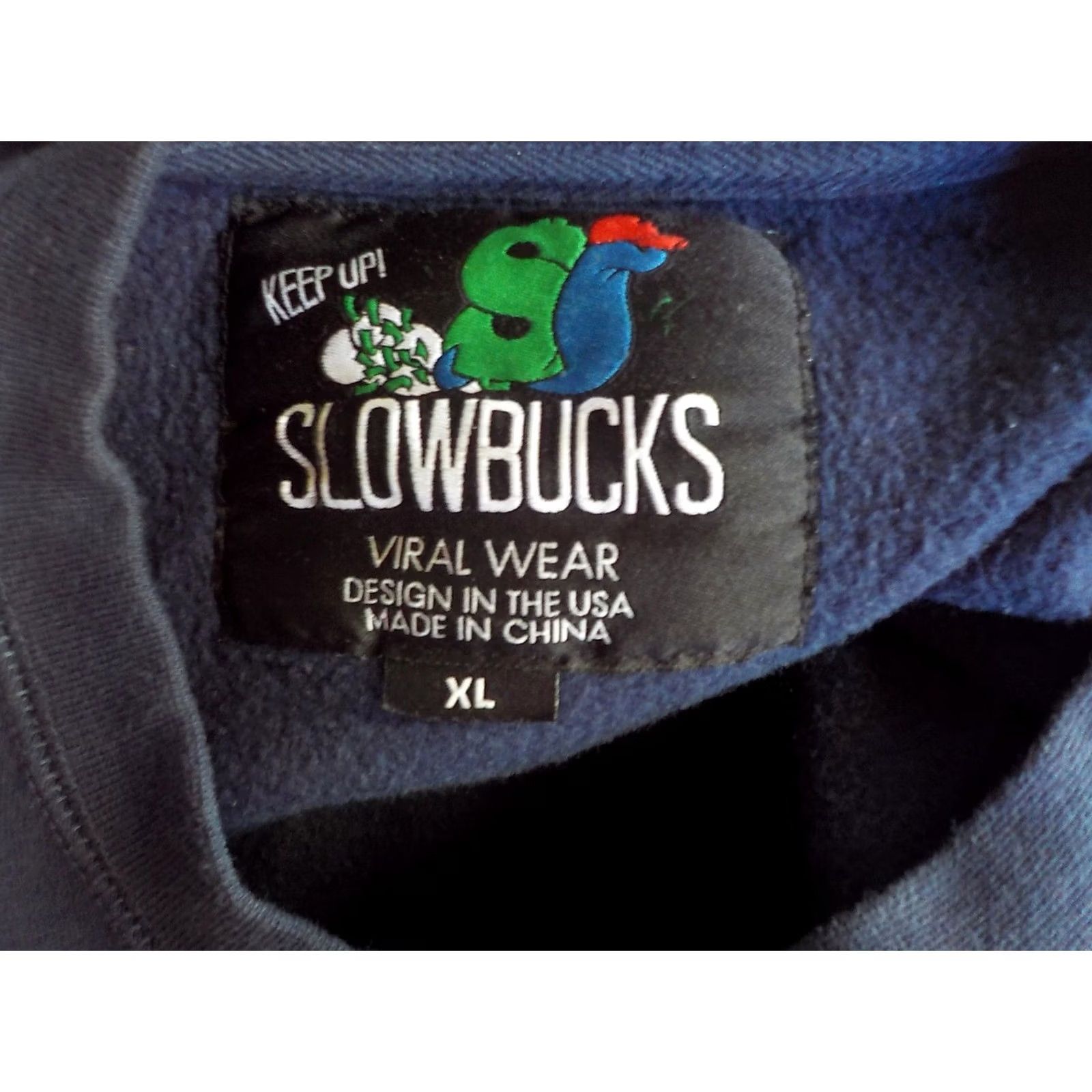 Vintage SLOWBUCKS Crewneck Sweatshirt "Keep Up" and Antique Flag Patterned Front Blue XL Mens Sweatshirt Size US XL / EU 56 / 4 - 6 Thumbnail