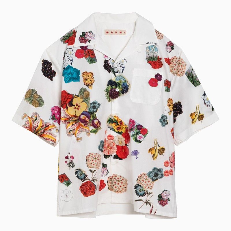 image of Marni White Bowling Shirt With Flower Print In Cotton, Men's (Size Large)