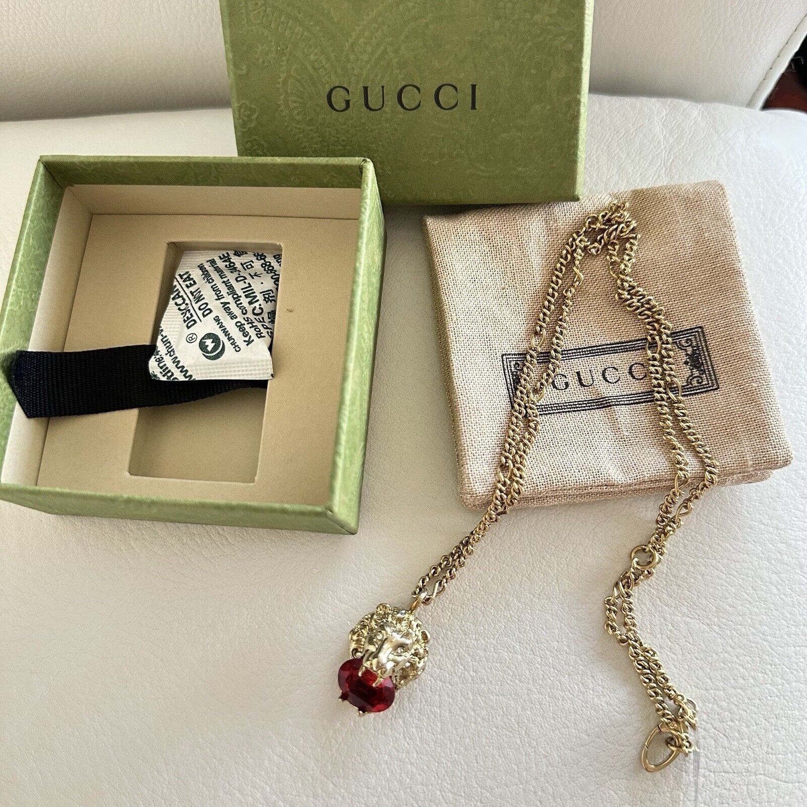 Gucci NEW Gucci Lion Head Chain Necklace Red Crystal Metal GP Char Size ONE SIZE - 7 Thumbnail