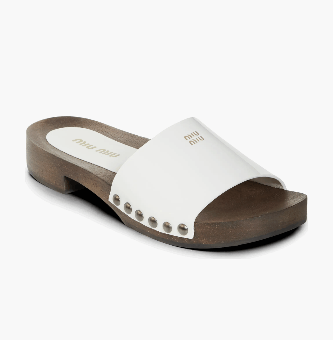 MIU MIU 5Z425E White Patent Leather Wooden Clogs Sandals