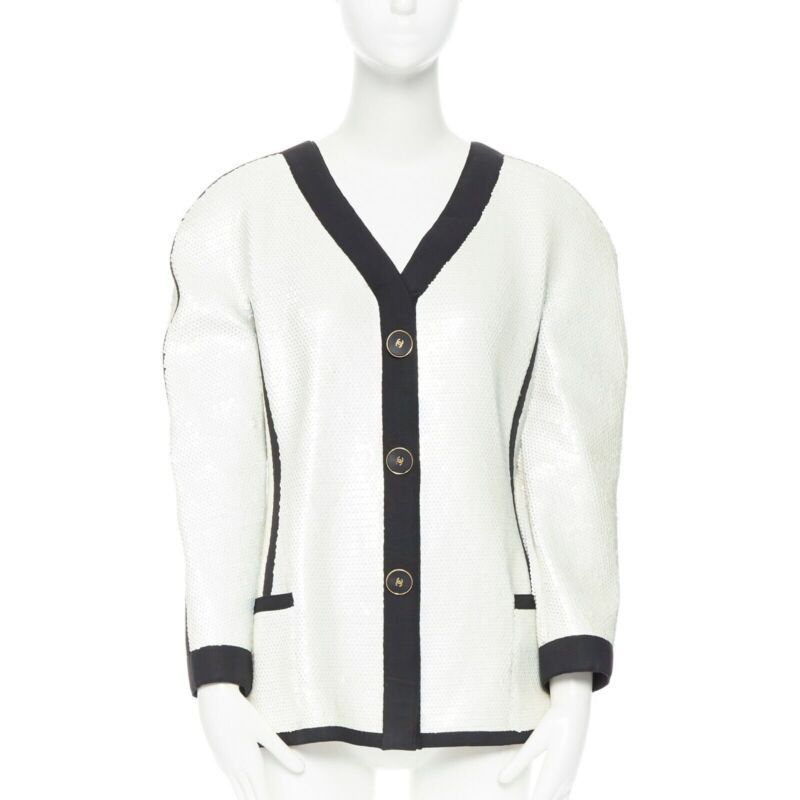 Chanel runway CHANEL SS91 white sequin black grosgrain trim scuba zipper jacket FR44 Size XL / US 12-14 / IT 48-50 - 1 Thumbnail