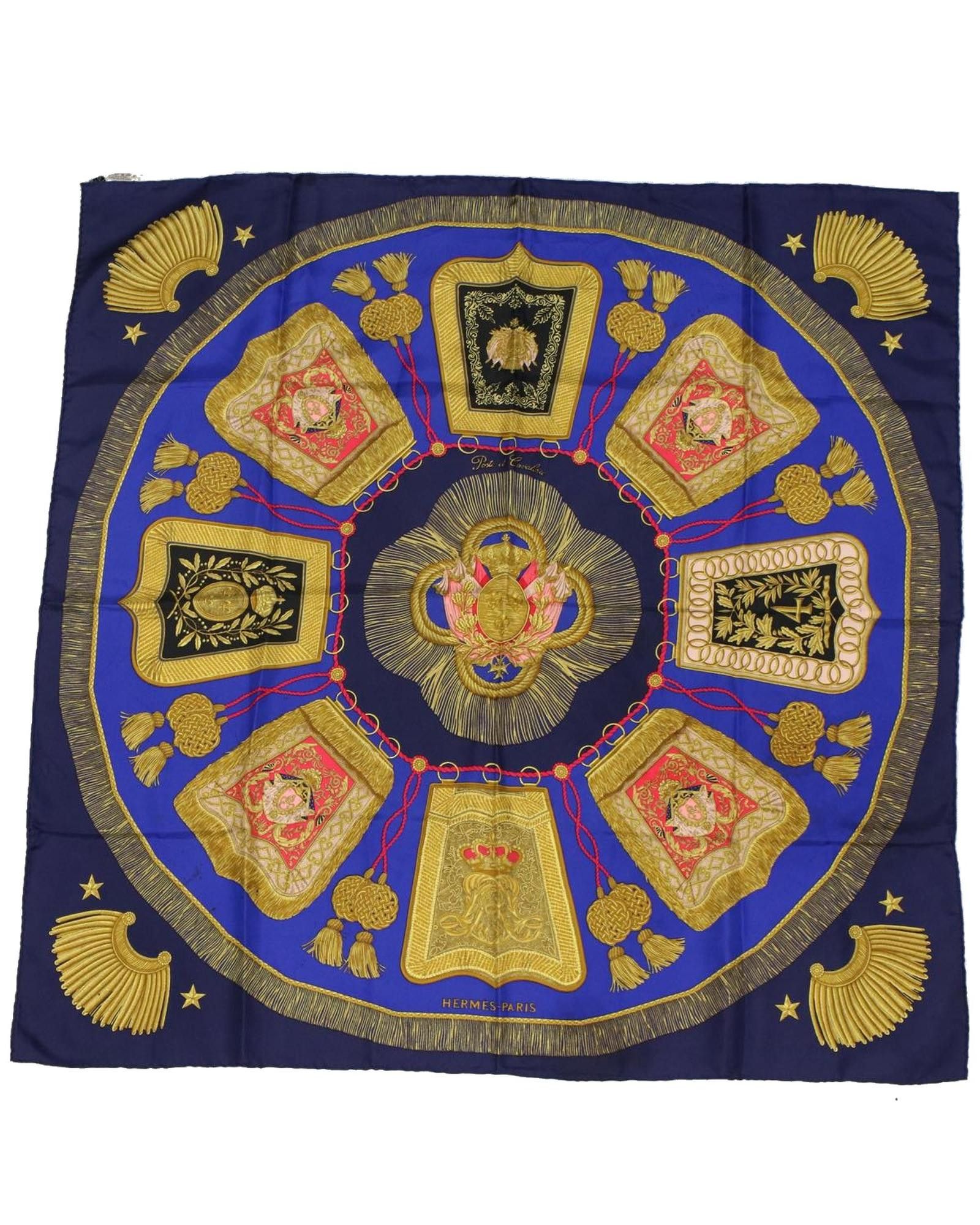 image of Hermes Blue Silk Poste Et Cavalerie Scarf, Women's