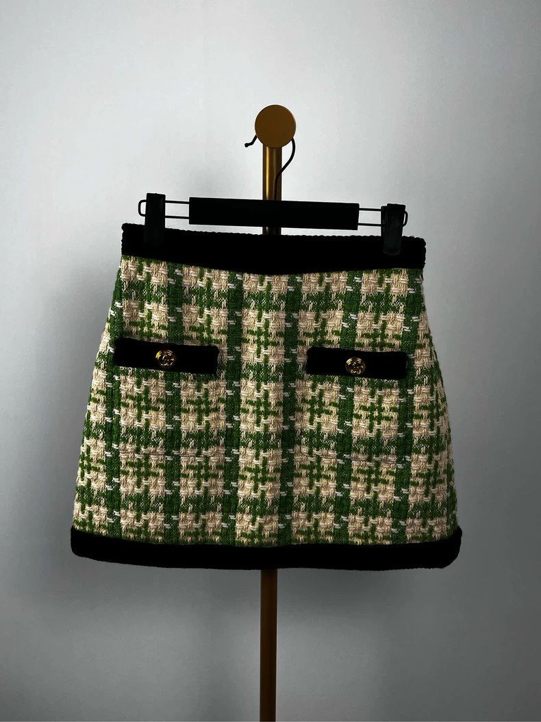 Gucci Green tweed metal button logo short skirt 2504-Nextar