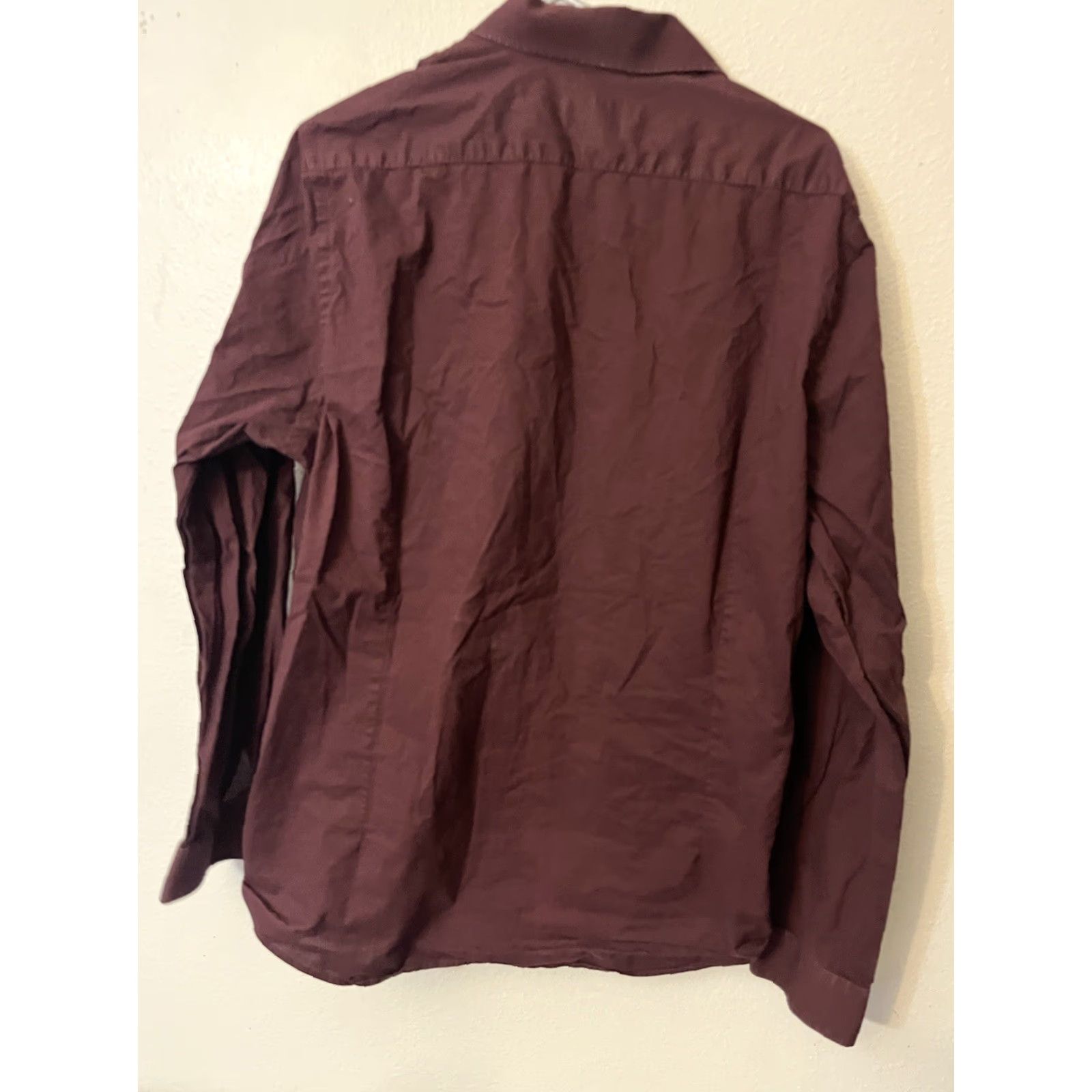 Express Express Dress Shirt Mens XL Burgundy Solid 100% Cotton Slim Button Collar Long Sleeve} Size 46R - 3 Thumbnail