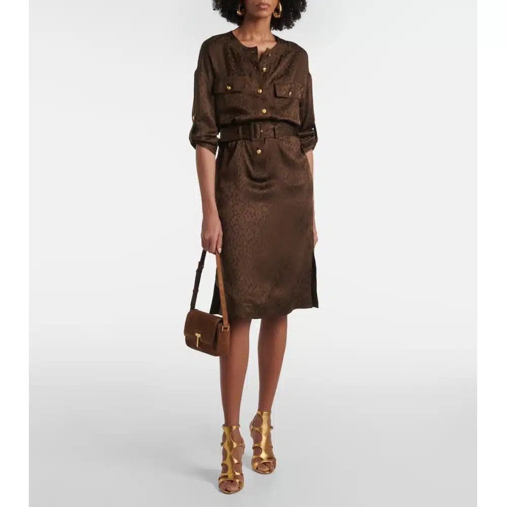 Tom Ford o1loc1c1125 AB3496 Silk Jacquard Midi Dress in Olive Size XS / US 0-2 / IT 36-38 - 4 Thumbnail