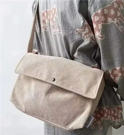 Fashion Corduroy Shoulder Bag Messenger Bag in Beige, Men's