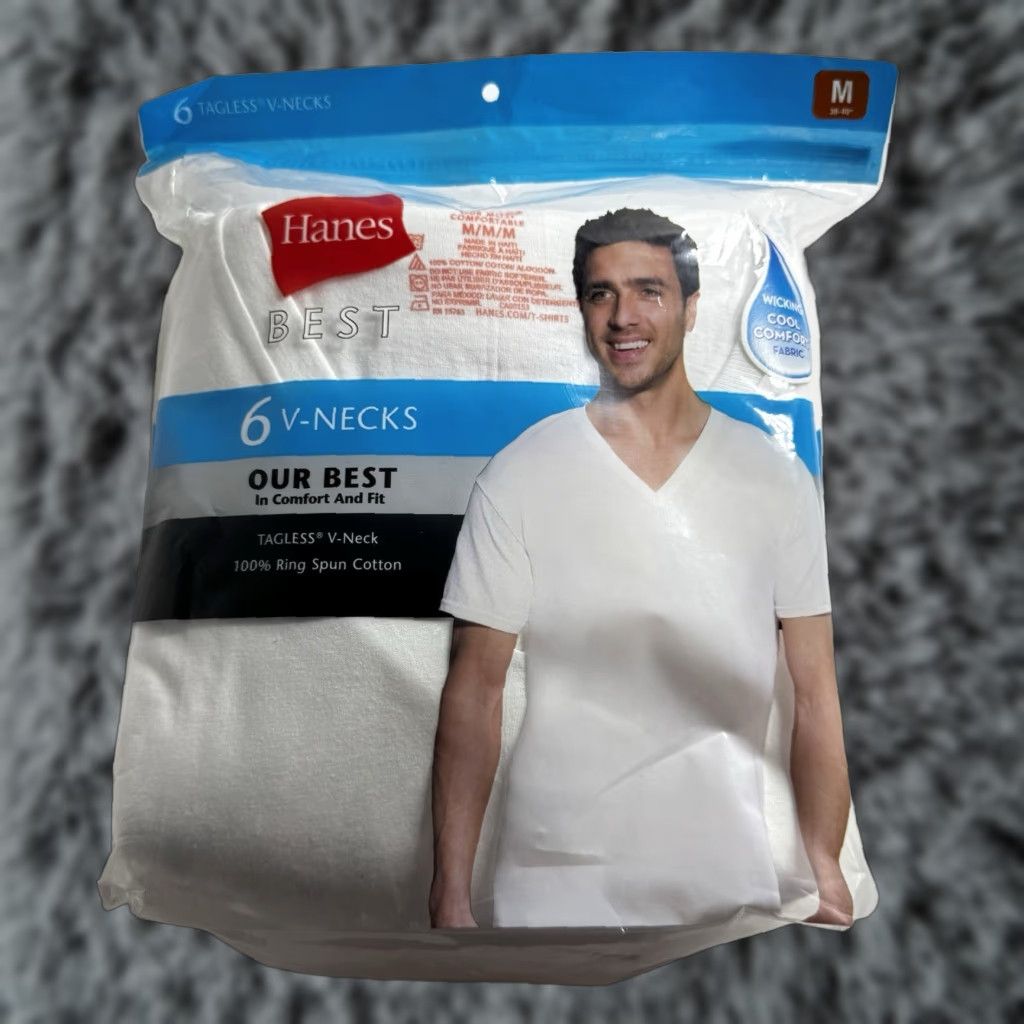 Hanes Best Men’s Size M Tagless 6 V Necks 100% Ring Spun Cotton White Cool Short Sleeve T-Shirt Mens, Women's