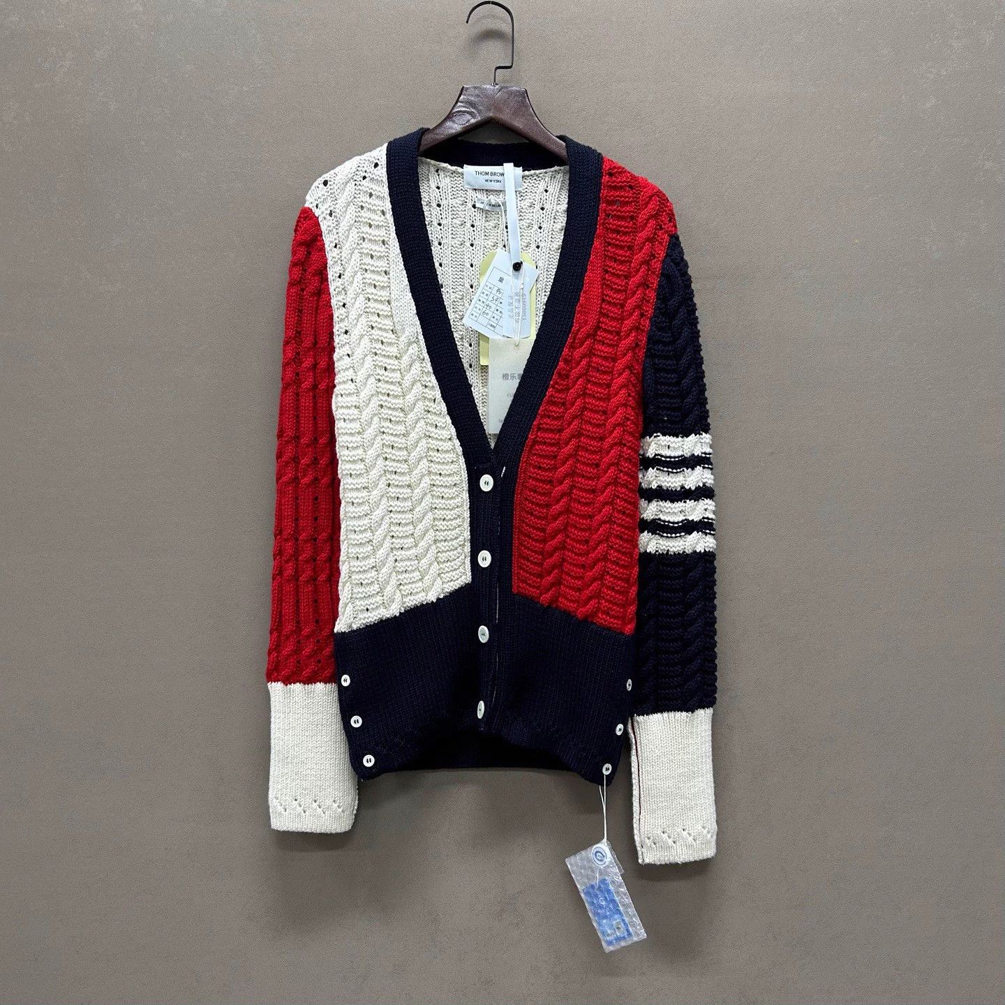Thom Browne TB Beige Colorblocked 4-Bar Wool Cardigan 40 NWT Size S / US 4 / IT 40 - 1 Thumbnail