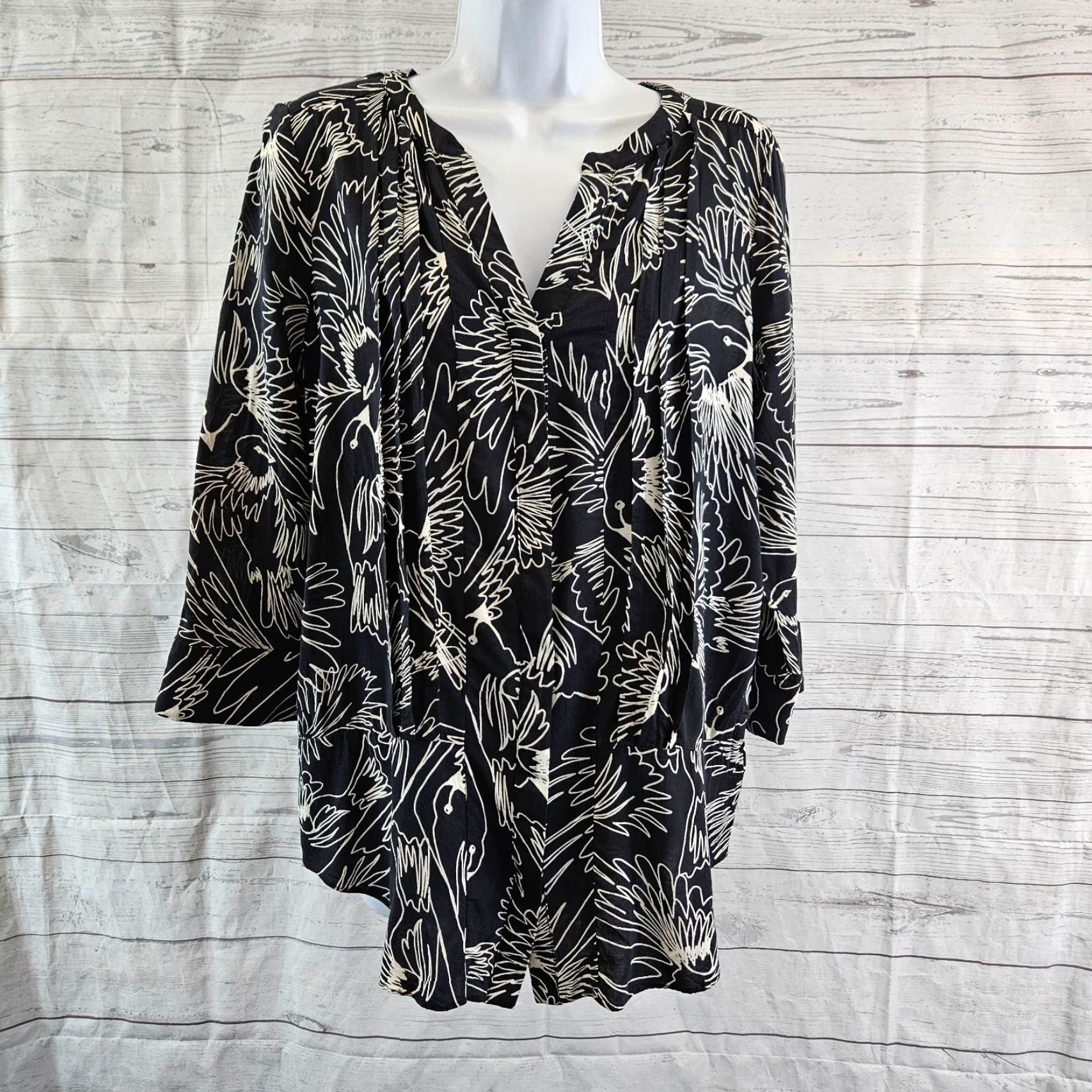 Vintage Maeve Womens Button Down Top Sz 8 Black Bird Print 3/4 Sleeve Rayon Shirt Women Size M / US 6-8 / IT 42-44 - 2 Thumbnail