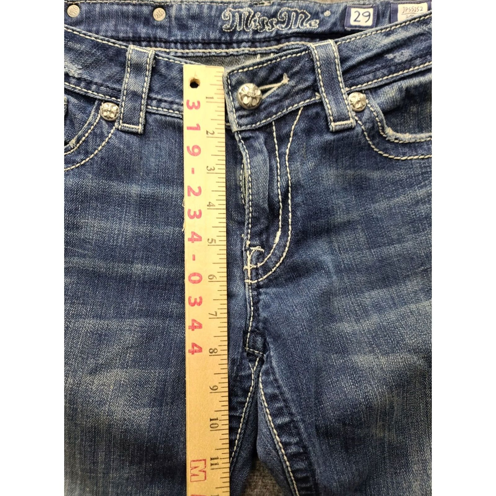 Miss Me Miss Me Jeans Womens 29x32 Regular Fit Bootcut Mid Rise Distressed Stretch Denim Blue Embroidered Rhinestone 5-Pocket Design Size 29" - 7 Thumbnail