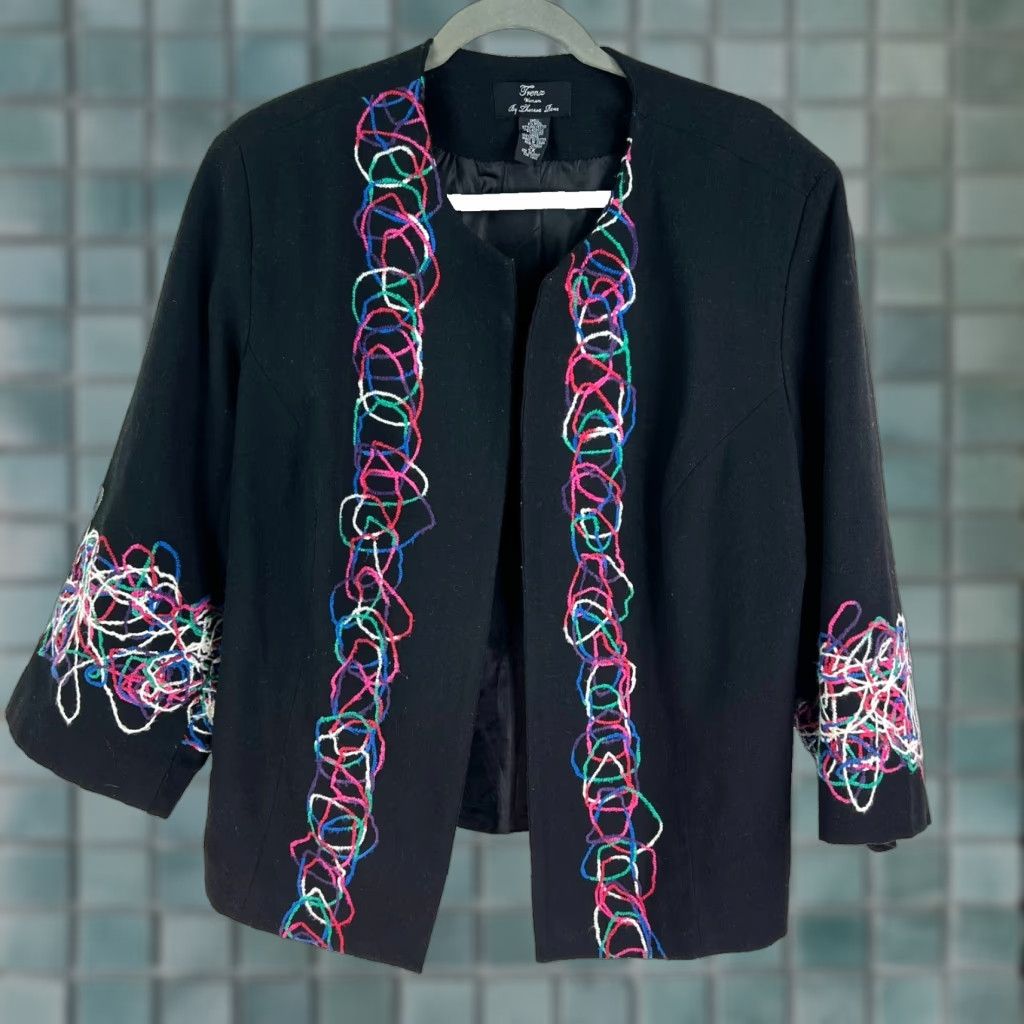 Vintage VINTAGE Trenz Blazer Womens 2X Black Wool Open Knit Geometric Shawl 3/4 Sleeve Mid-Length Designer Pattern Fall Spring Winter Mens? Wait. Size XXL / US 16-18 / IT 52-54 - 1 Thumbnail