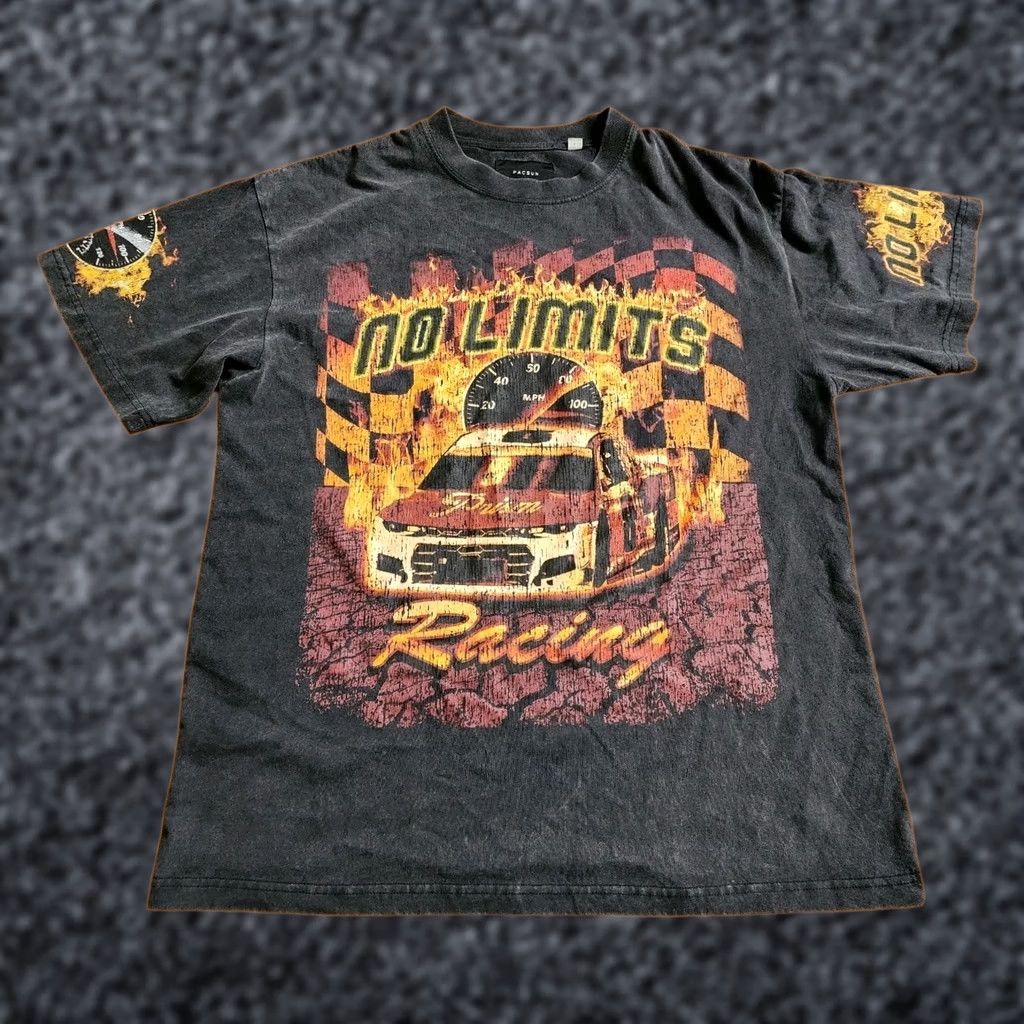 Pacsun Mens PacSun No Limits Racing Flames Oversized T Shirt All Over Print AOP Black Cotton Crew Neck Short Sleeve Logo Graphic Print L Mens Size US L / EU 52-54 / 3 - 1 Thumbnail