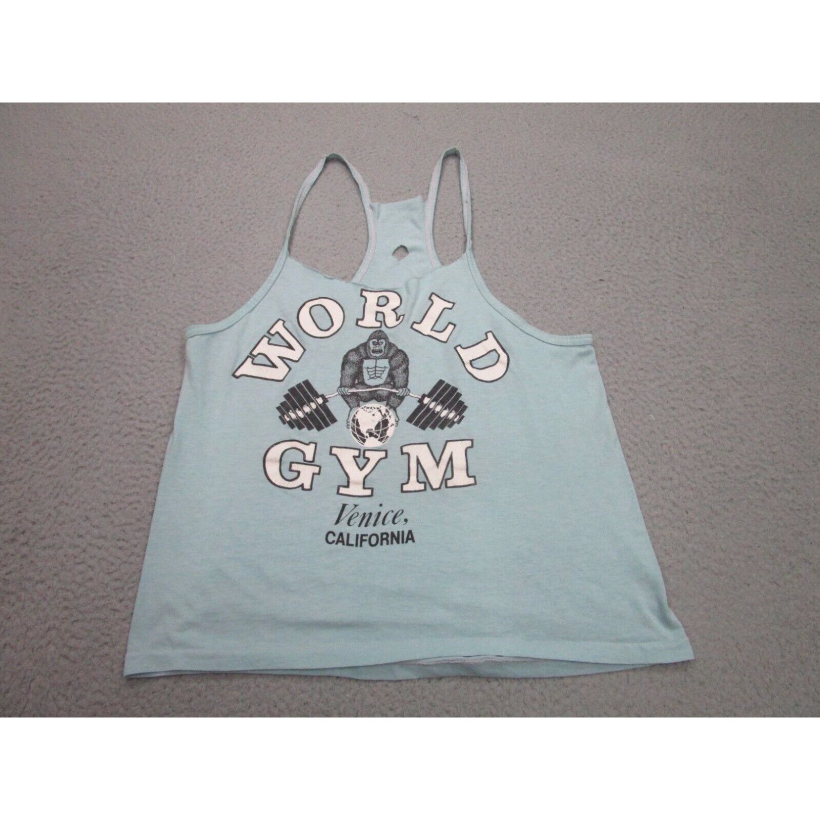 image of Fruit Of The Loom Vintage World Gym Shirt Mens L Blue Stringer Tank Top 80's Body Building Venice i