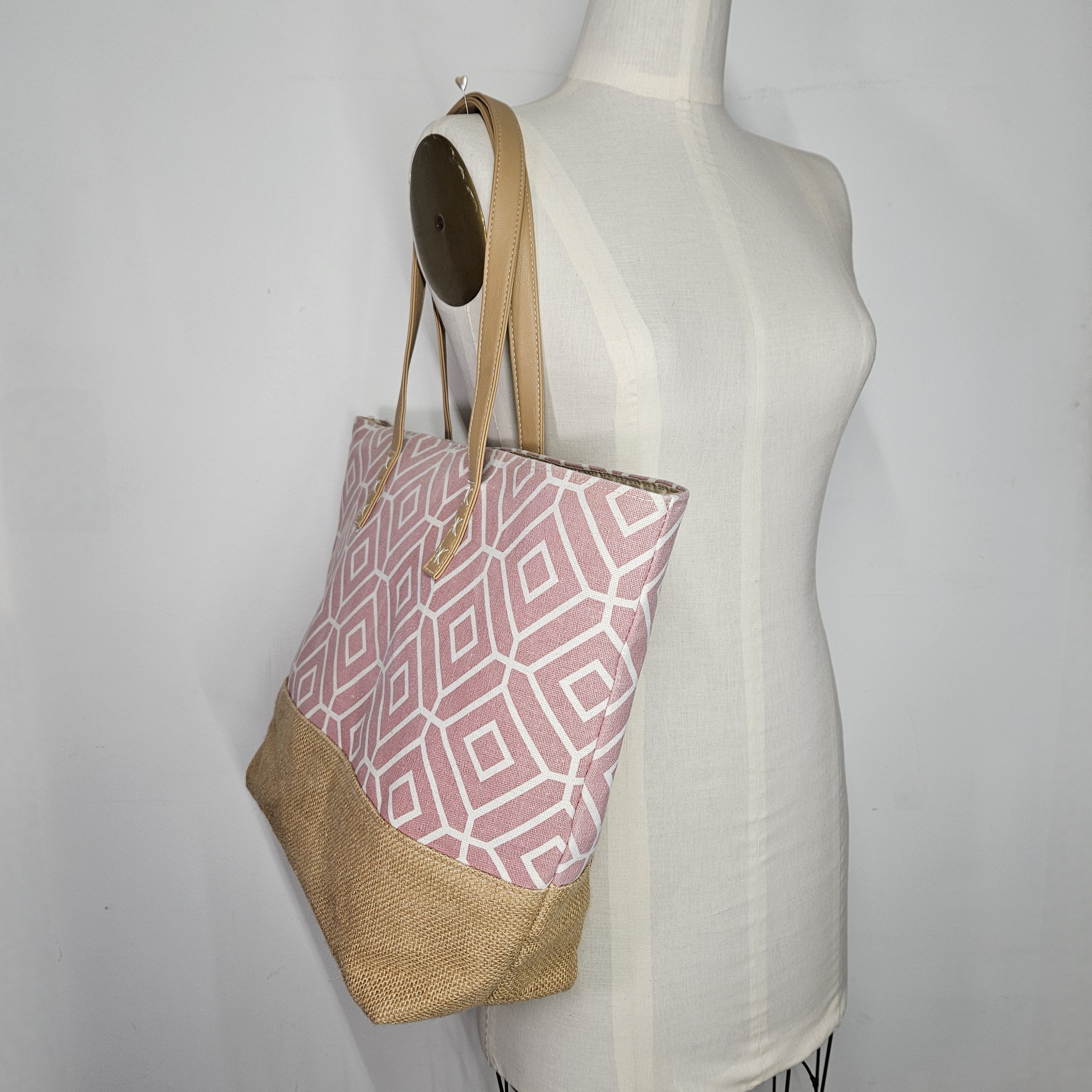 Other Miztique 15x14x6" Tote Bag Cotton Burlap Double Handle Pink Size ONE SIZE - 3 Thumbnail