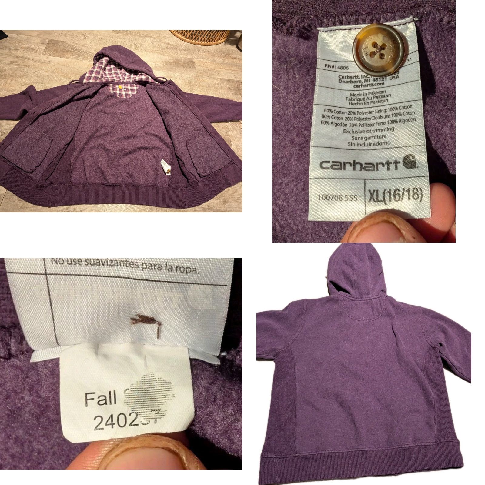 Carhartt Carhartt Womens XL Marengo Sweatshirt Jacket Purple Button Hooded Flannel Lined Upper Pockets Solid 100708 - 555 Womens Clothing Men? Size XL / US 12-14 / IT 48-50 - 9 Thumbnail