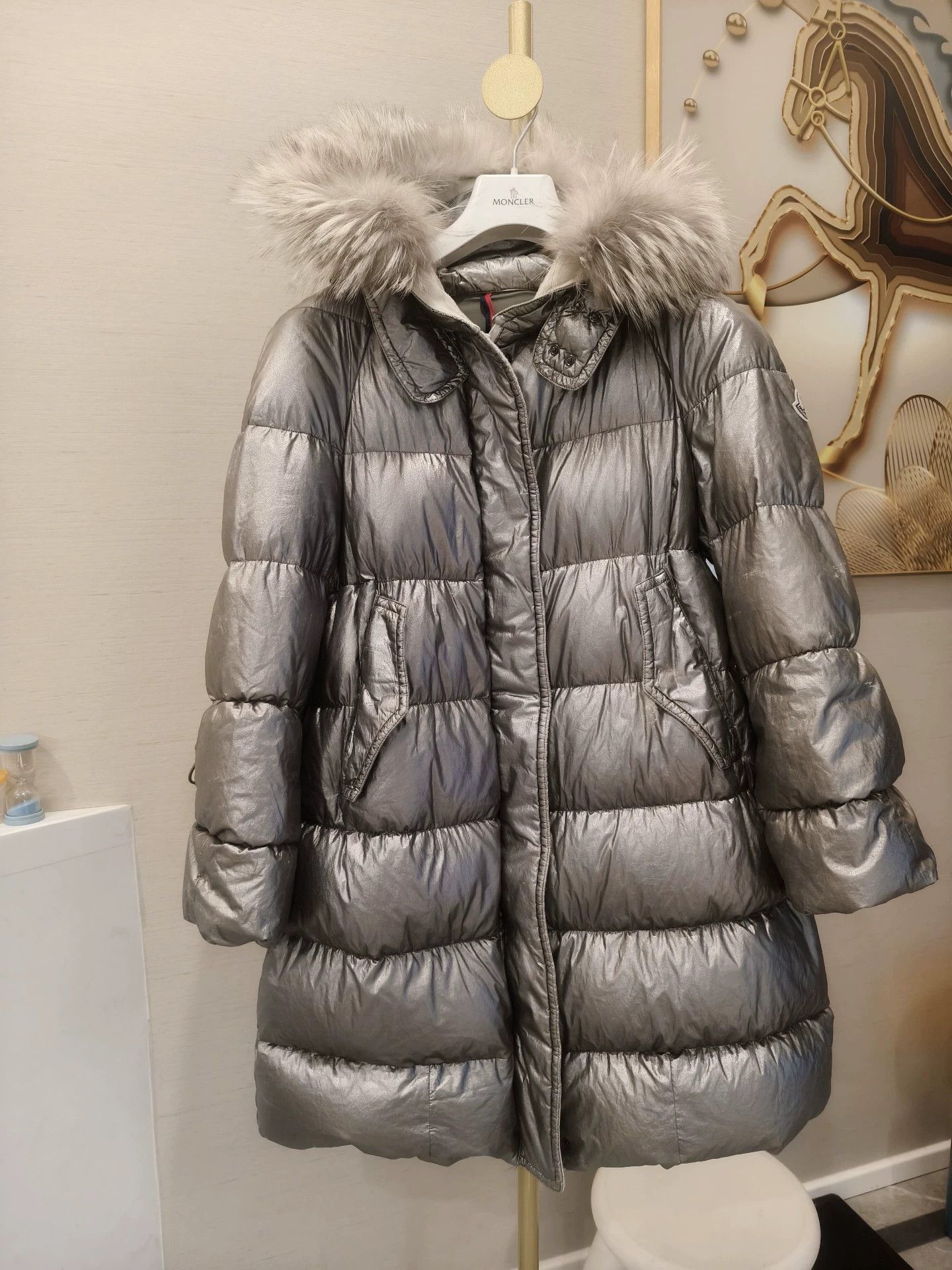 Moncler Silver Puffer Coat with Faux Fur Hood Size US S / EU 44-46 / 1 - 1 Thumbnail