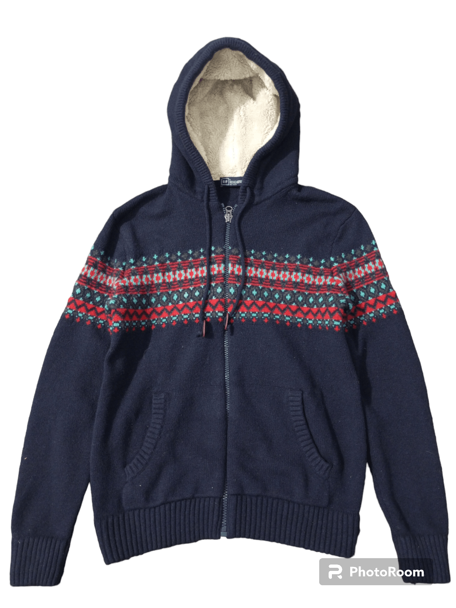 image of Vintage Gap Knitwear Navajo Sherpa Hoodie in Navy, Men's (Size Large)