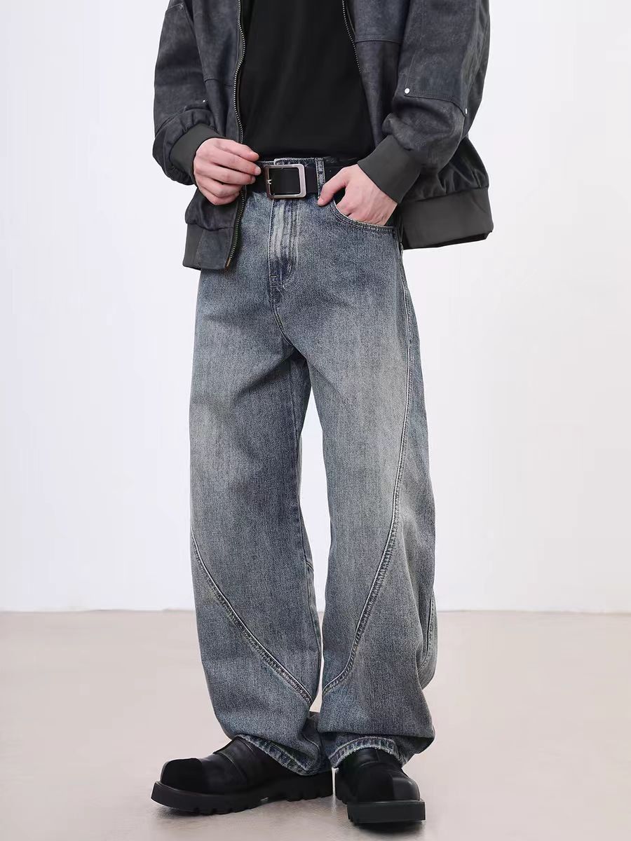 Vintage Street Washed Faded Spliced Loose Jeans