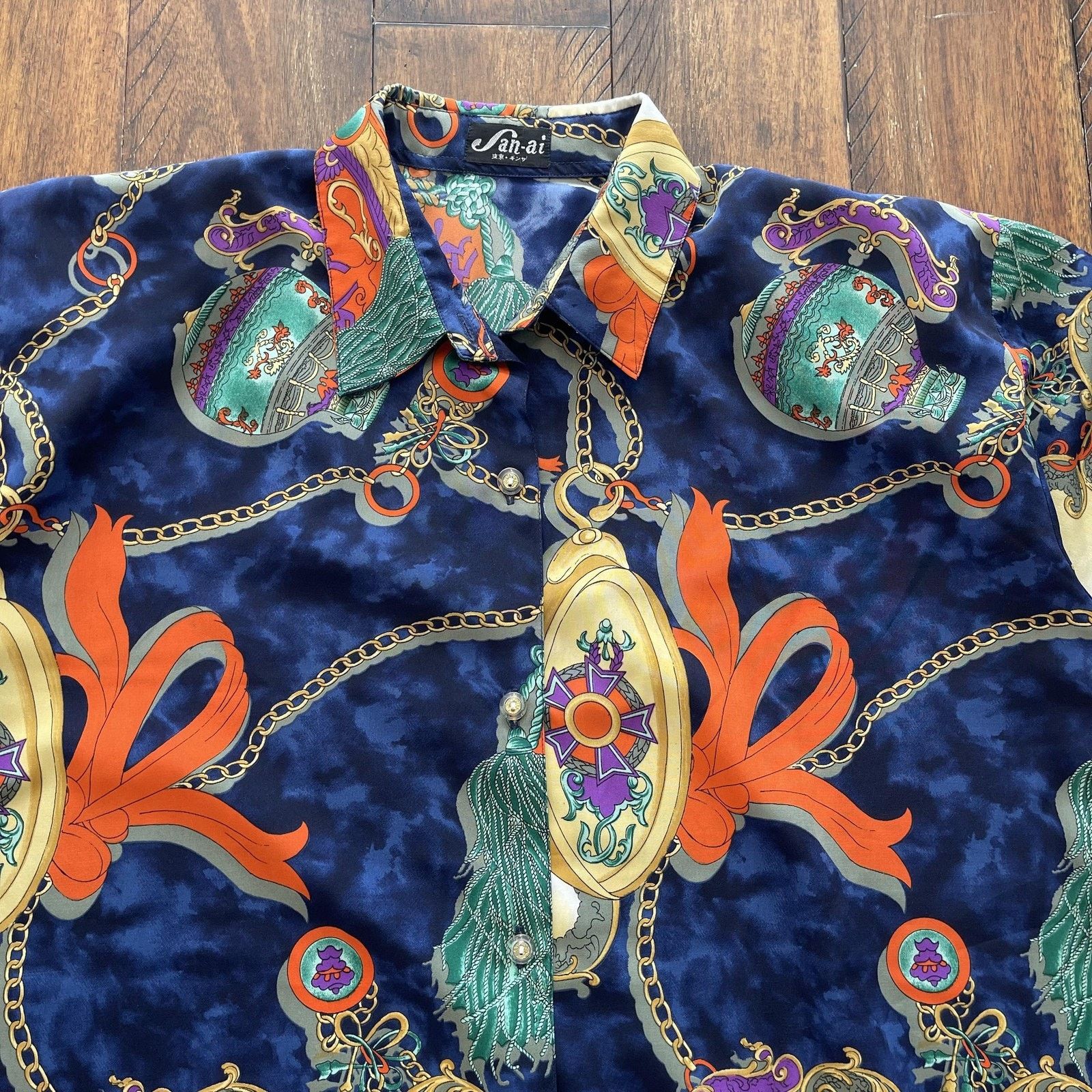 Vintage San-ai Shirt Womens XL Navy Baroque Chain Tassel Print Silky Size XL / US 12-14 / IT 48-50 - 3 Thumbnail