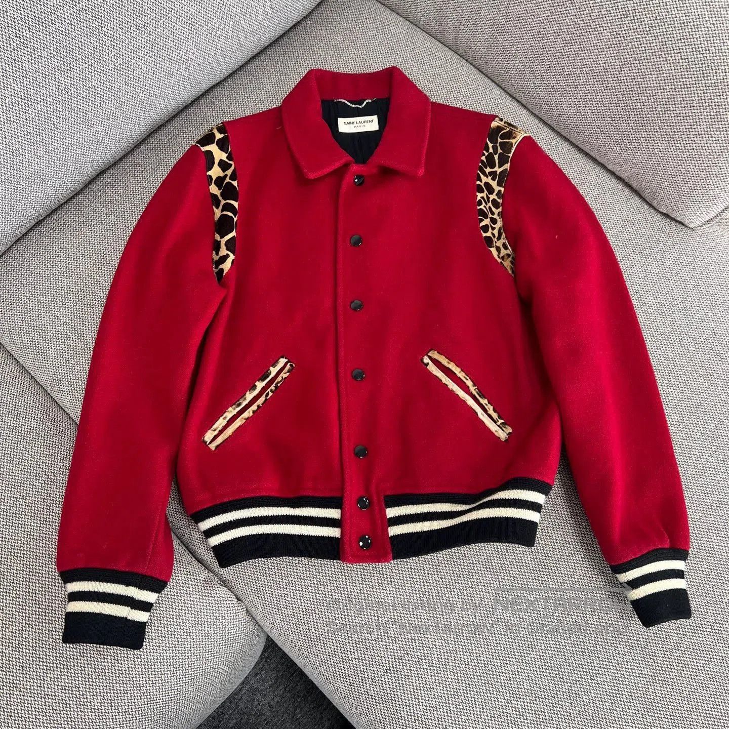 red leopard print baseball jacket.