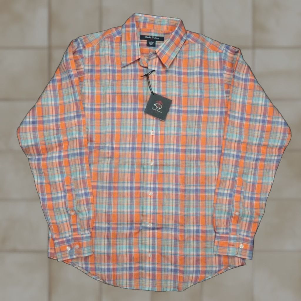 Brooks Brothers Linen Button-Up Shirt Mens Medium Orange Blue Plaid Short Sleeve