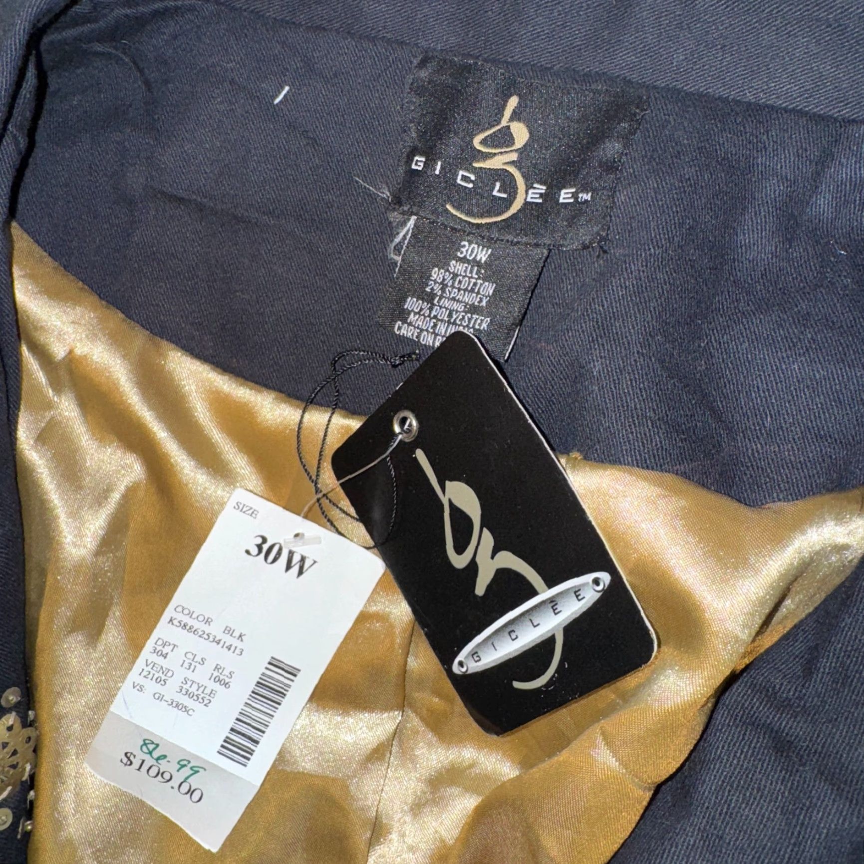 Denime Giclee Denim Jacket 30W Gold Lining & Gold Sequined Floral Embilsihed NWT Size 4XL / US 24-26 - 2 Thumbnail