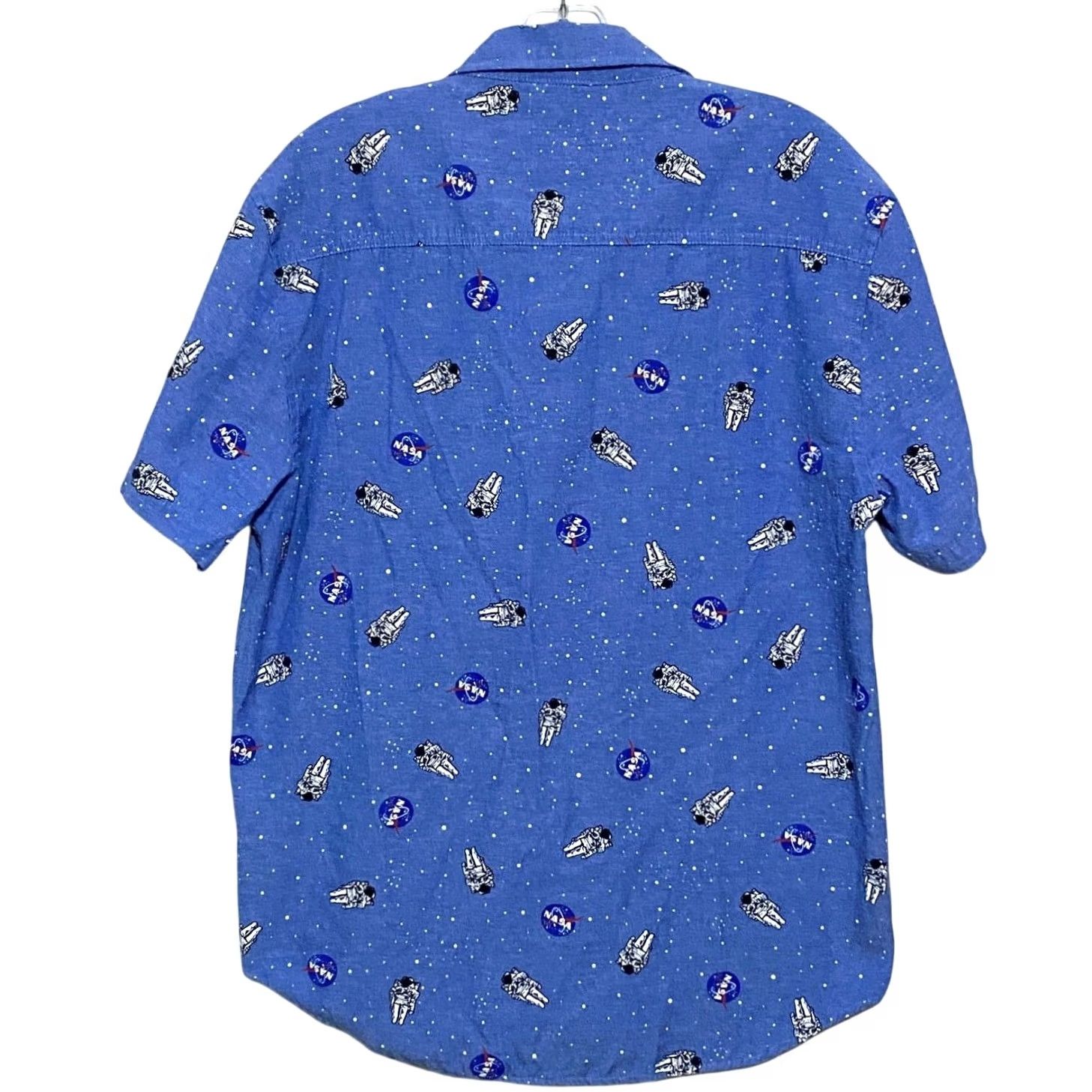 Mad Engine NASA Space Astronaut Mad Engine Oxford Blue Button Up Short Sleeve Shirt Mens M All Over Print Size US M / EU 48-50 / 2 - 3 Thumbnail