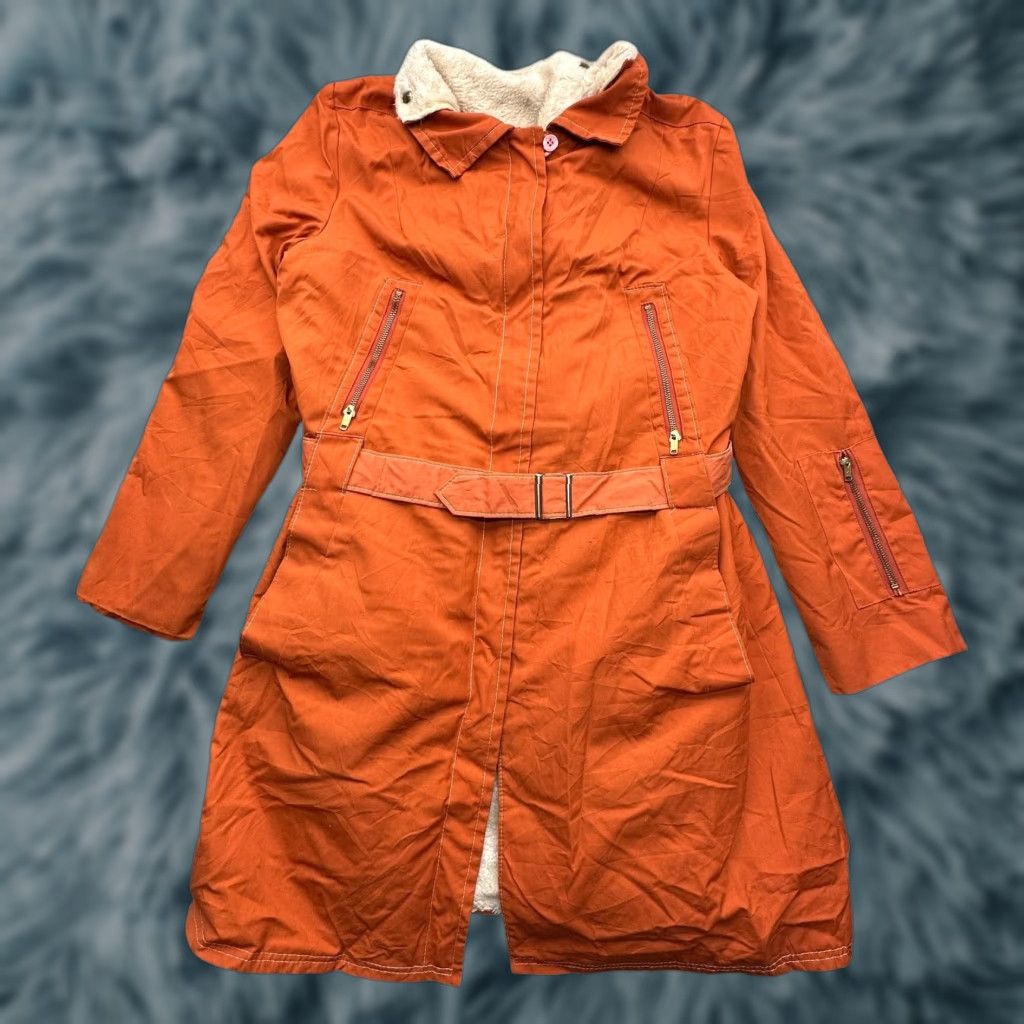 Vintage VINTAGE White Stag Coat Jacket Long Faux Fur Lined Zip Belted Orange 70s Womens M Size M / US 6-8 / IT 42-44 - 1 Thumbnail
