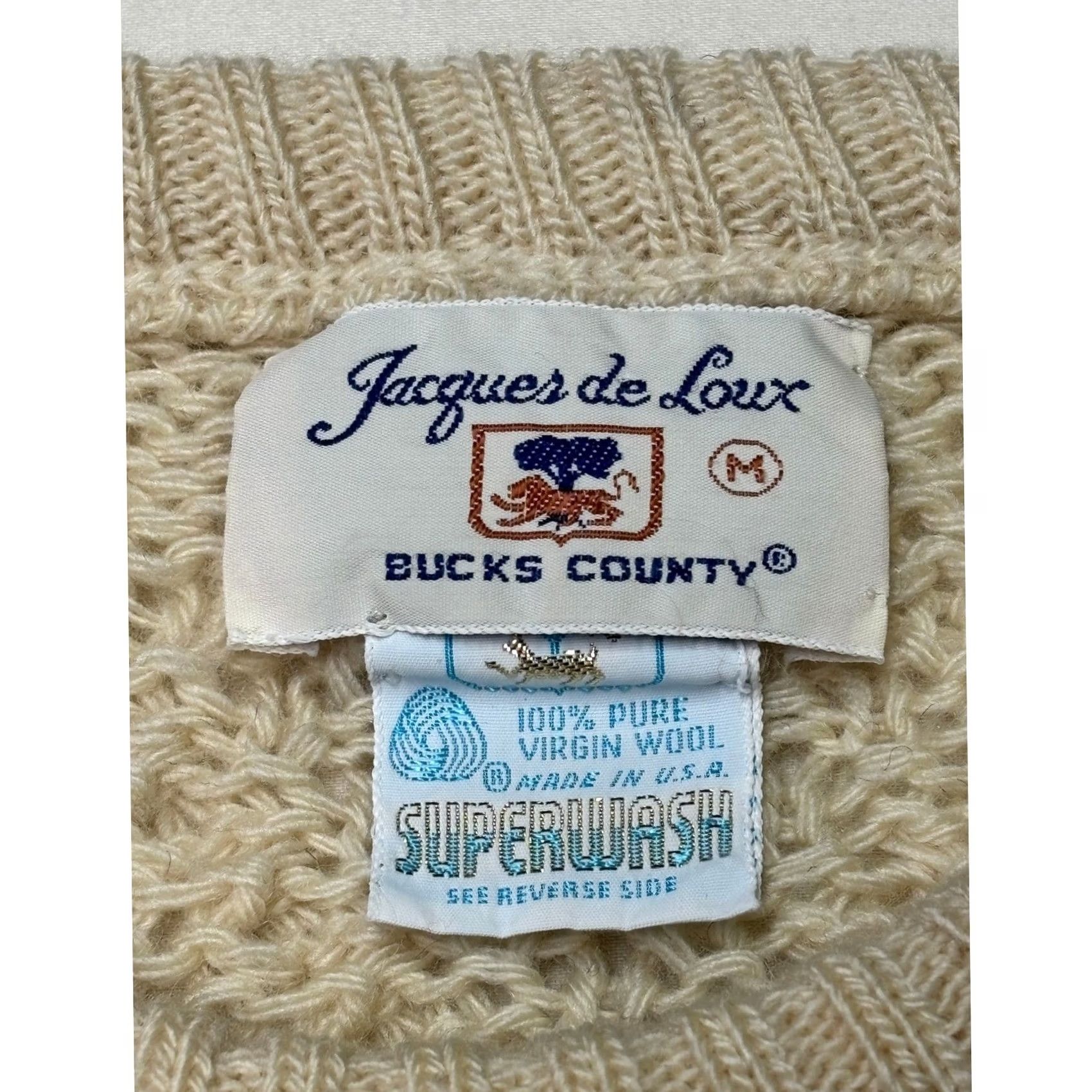 Vintage VINTAGE Jacques de Loux Bucks County Cream Cable Knit Wool Sweater Women M Ivory Crew Neck Pullover Long Sleeve Heavyweight All Seasons 80s 90s Size M / US 6-8 / IT 42-44 - 3 Thumbnail