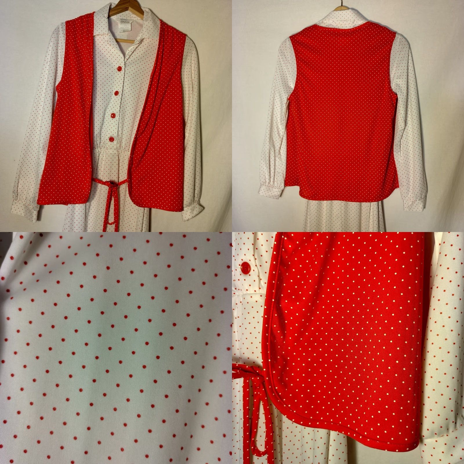 JCPenney VINTAGE JC Penney Dress Shirt Dress Women's 10 Red Polka Dot Midi Collared Long Sleeve Belted Waist 1970s ILGWU/USA Vintage Size L / US 10 / IT 46 - 8 Thumbnail