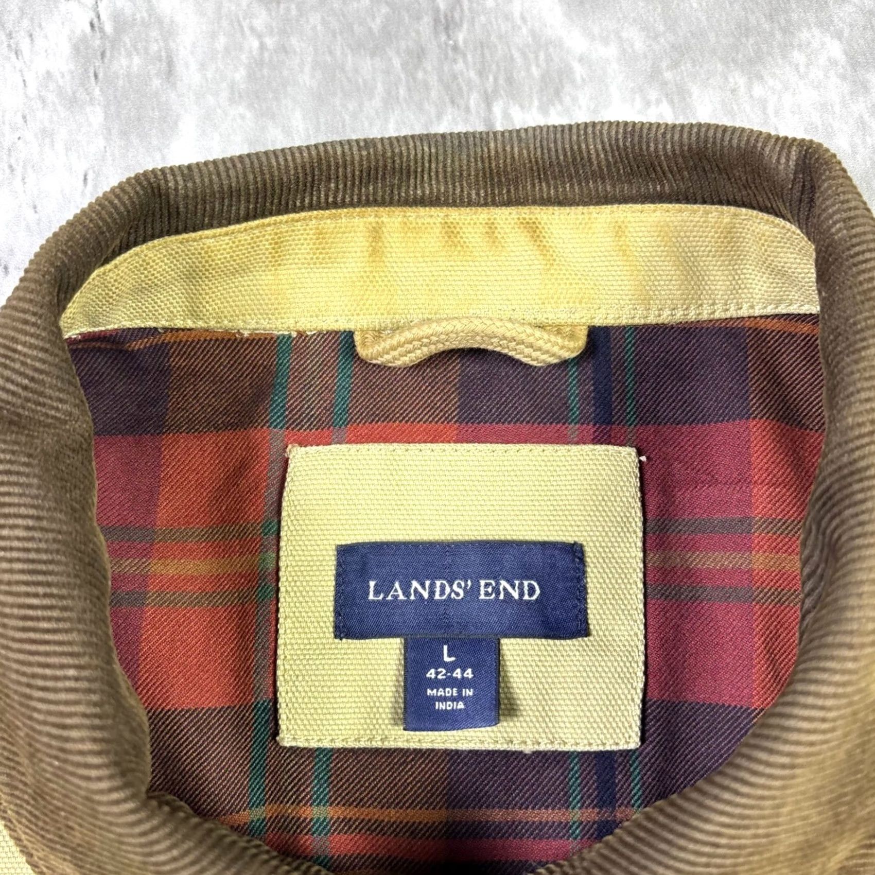 Lands' End Lands' End Mens Large Barn Coat Tan Canvas Corduroy Collar Plaid Lined Field Jacket Military Style Casual Workwear 90s Preppy Mens jackets Size US L / EU 52-54 / 3 - 5 Thumbnail