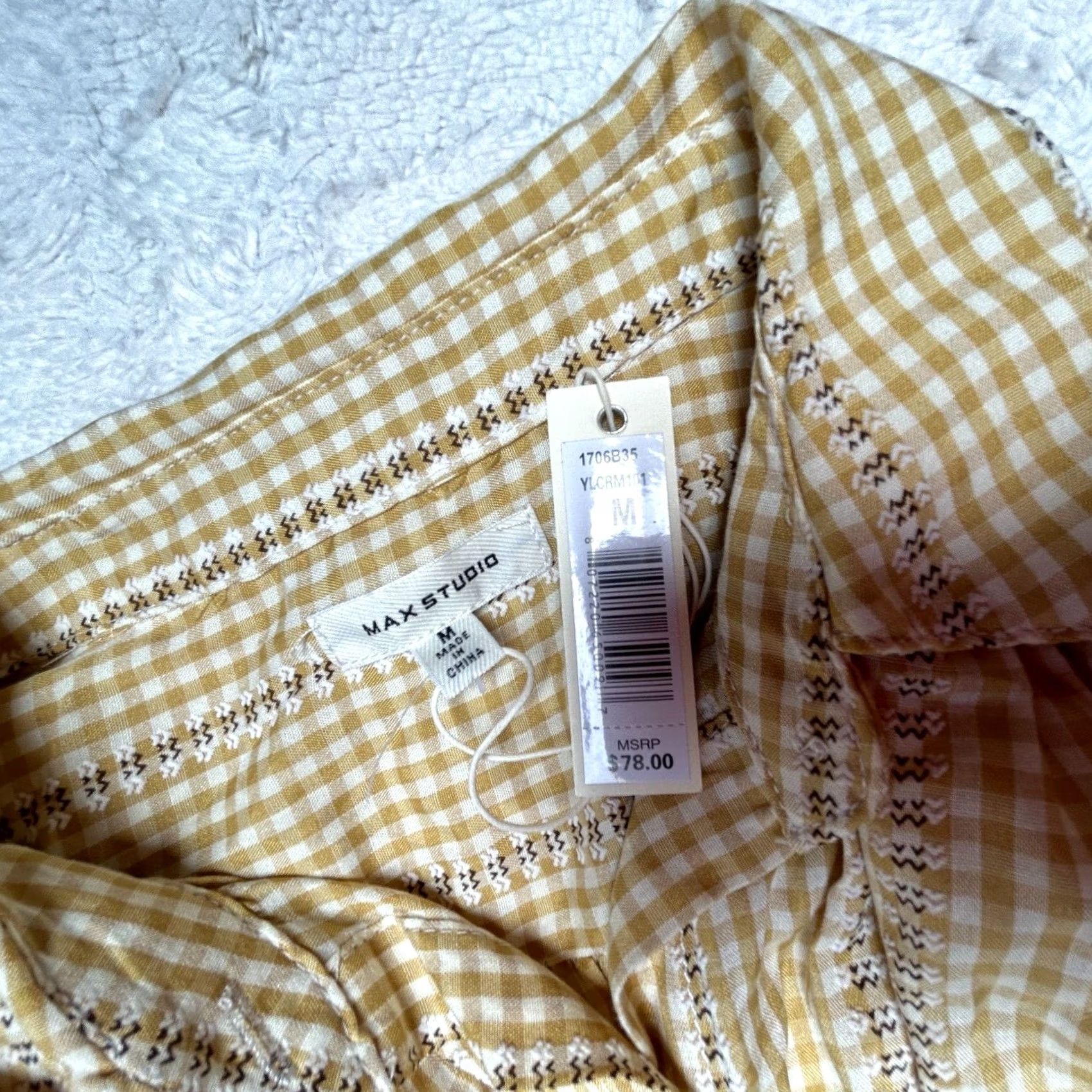 Vintage Max Studio Gingham Check Textured Button Up Ruffle Shirt Medium Yellow New Size M / US 6-8 / IT 42-44 - 3 Thumbnail
