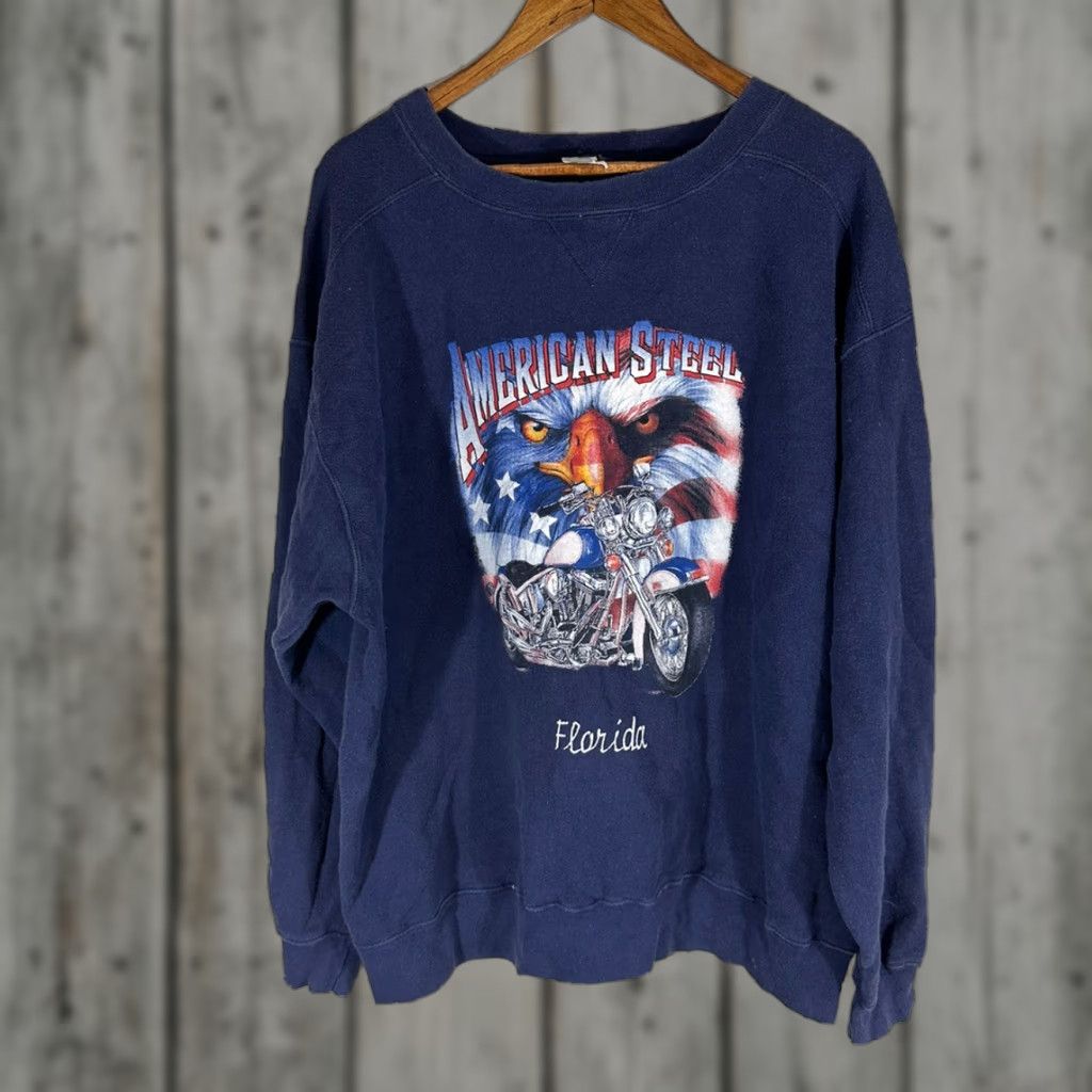 VINTAGE 90s American Steel Motorcycle Club Florida Eagle Print Blue Pullover Sweatshirt XL Mens