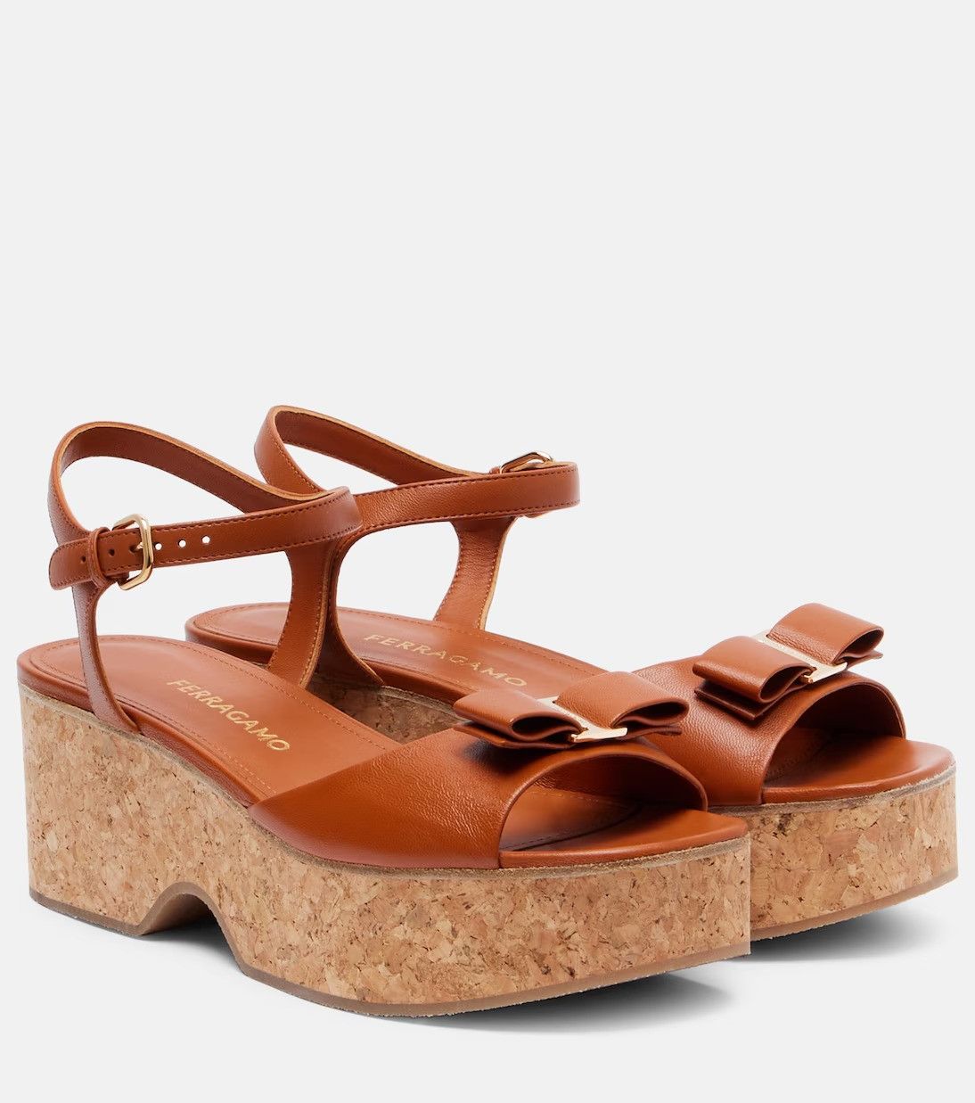 Salvatore Ferragamo o1s1rm0526 Selna Leather Wedge Sandals in Brown Size US 8 / IT 38 - 4 Thumbnail
