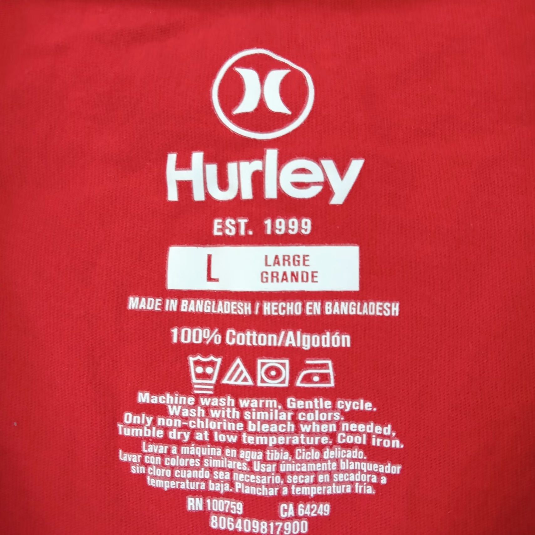 Hurley Hurley Mens Large Red Short Sleeve Crew Neck Logo T-Shirt Cotton Casual Outdoors Size US L / EU 52-54 / 3 - 5 Thumbnail