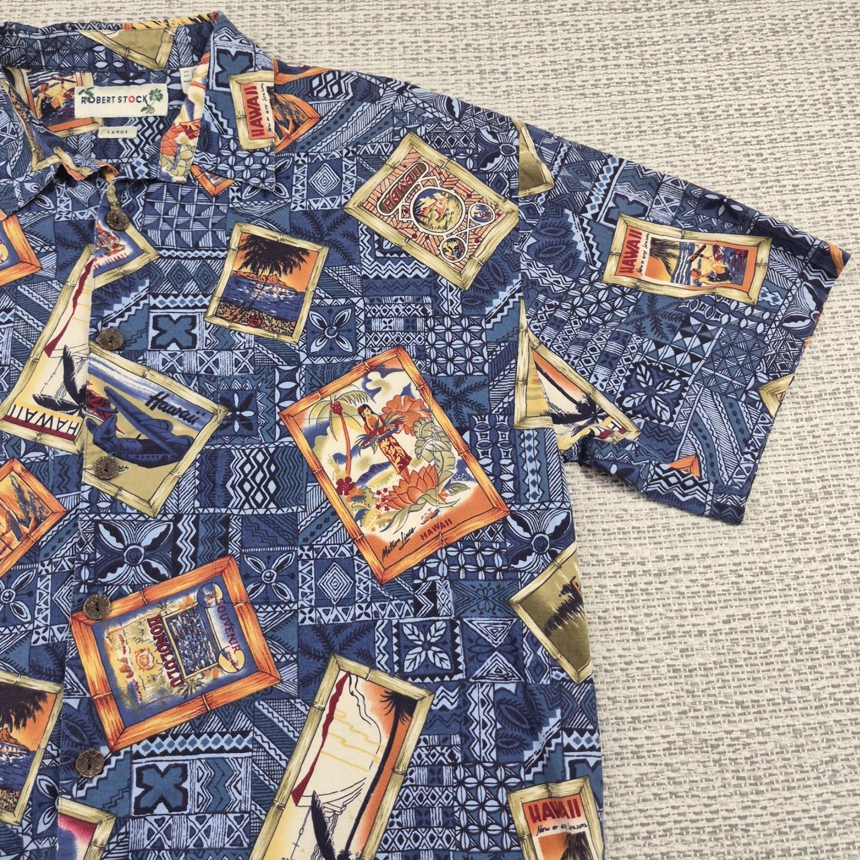Vintage Robert Stock Shirt Mens Large Button-Up Blue Hawaiian Travel Postcard Aloha Shirt Size US L / EU 52-54 / 3 - 4 Thumbnail