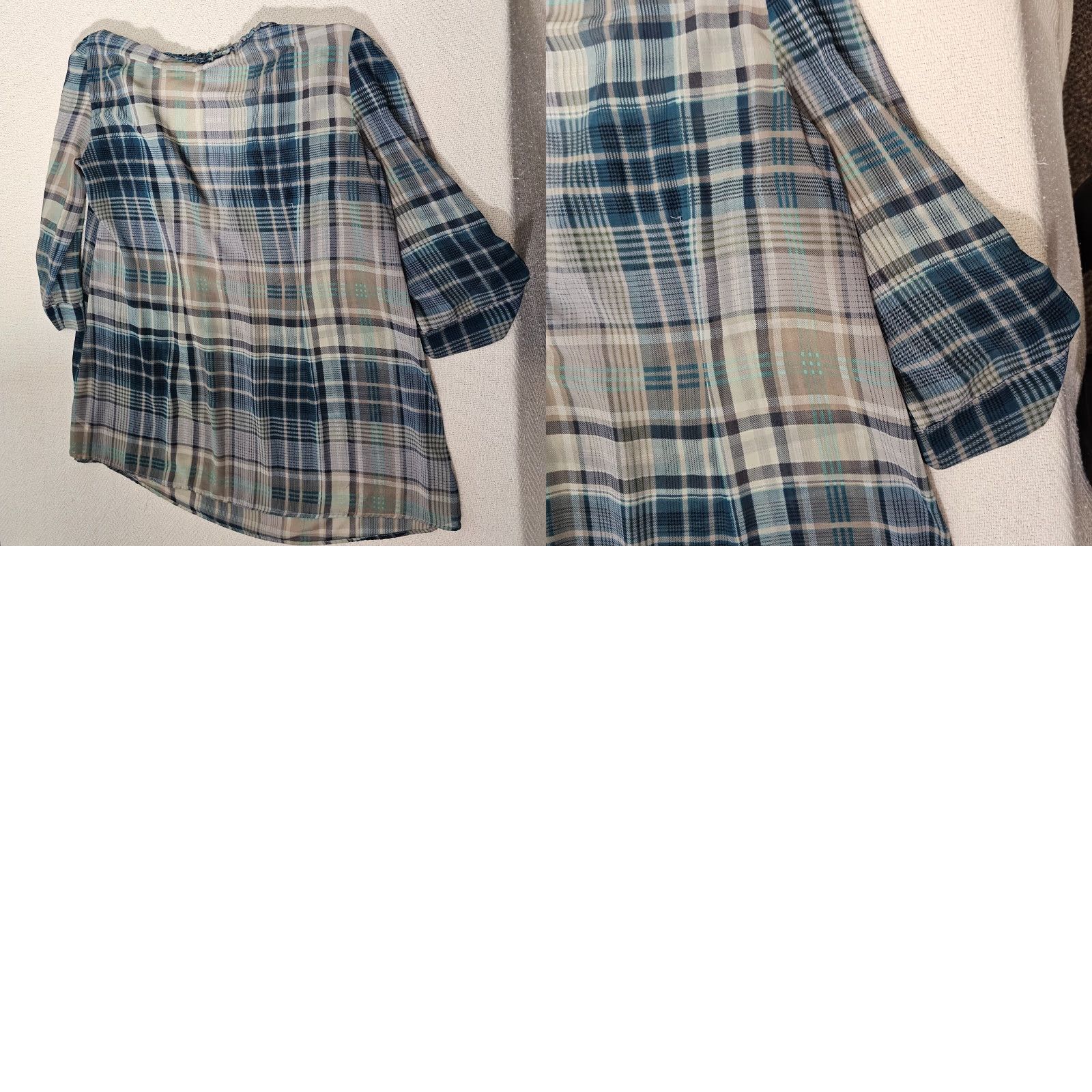 Vintage New York & Company Blouse Women's Large Blue Plaid V Neck Roll Tab Sleeve Sheer Size L / US 10 / IT 46 - 9 Thumbnail