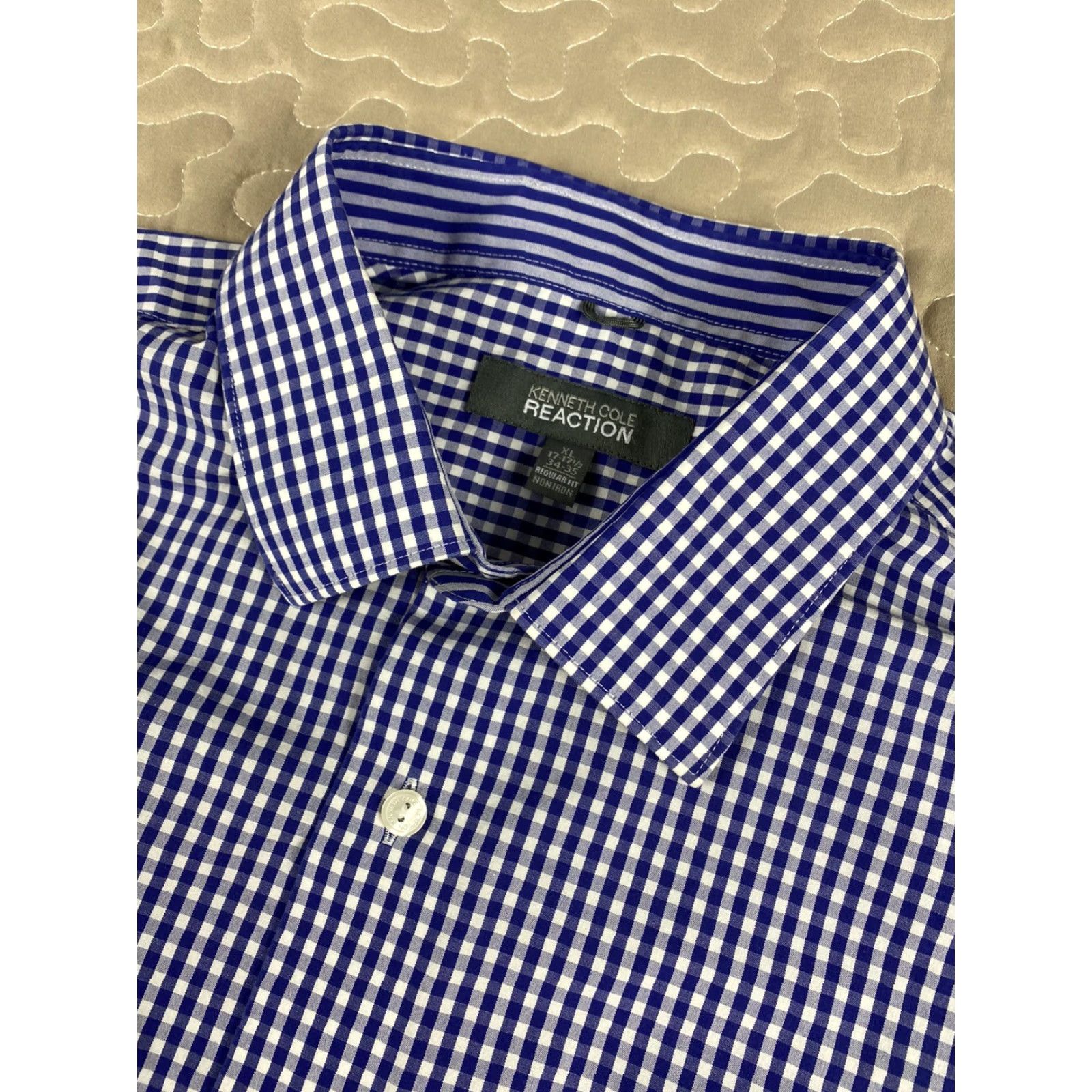 Kenneth Cole Kenneth Cole Reaction Dress Shirt XL 17.5 Blue Checkered Button Down Non Iron Mens Size 46R - 3 Thumbnail