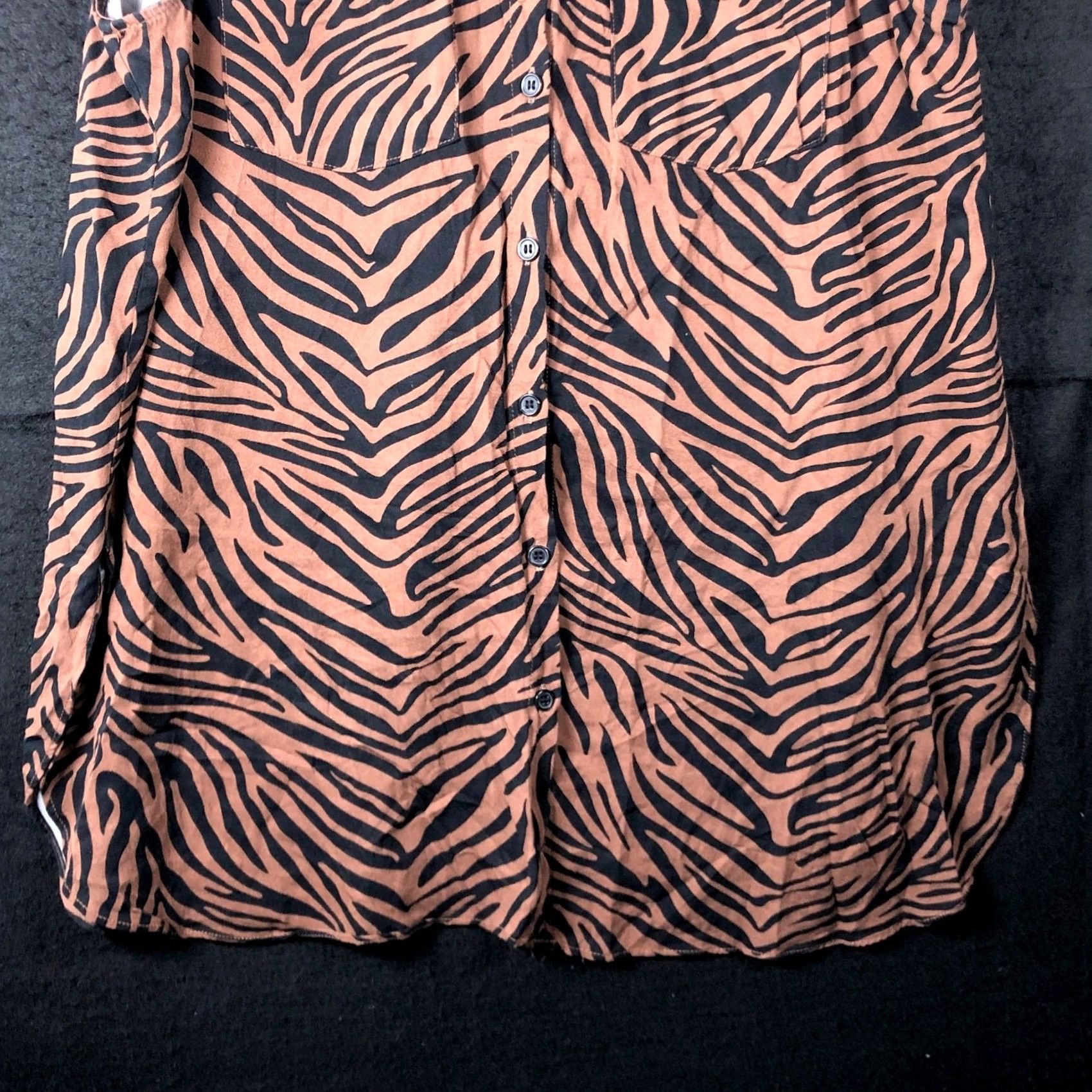 Vintage Rose + Olive Womens Blouse Black Brown Tiger Stripe Sleeveless Button Down Tunic L Size L / US 10 / IT 46 - 3 Thumbnail