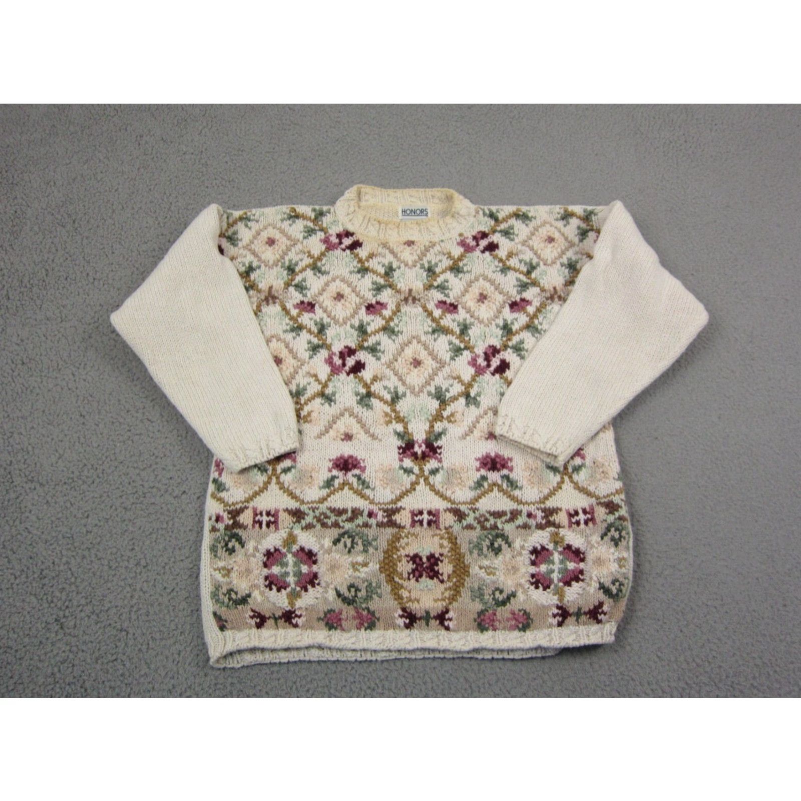 Vintage VINTAGE Honors Sweater Womens M Ivory Floral Knit Pullover 90s Style Long Sleeve High Neck Knitted Flowers Baroque Size M / US 6-8 / IT 42-44 - 2 Thumbnail