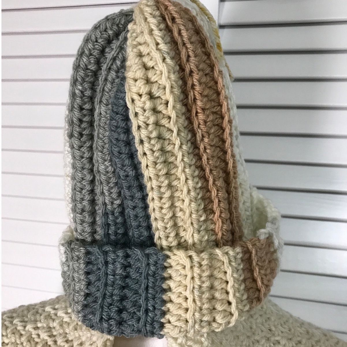 Handmade NWT Handmade Crocheted Beige Multicolor Beanie & Scarf 66” Size ONE SIZE - 2 Thumbnail