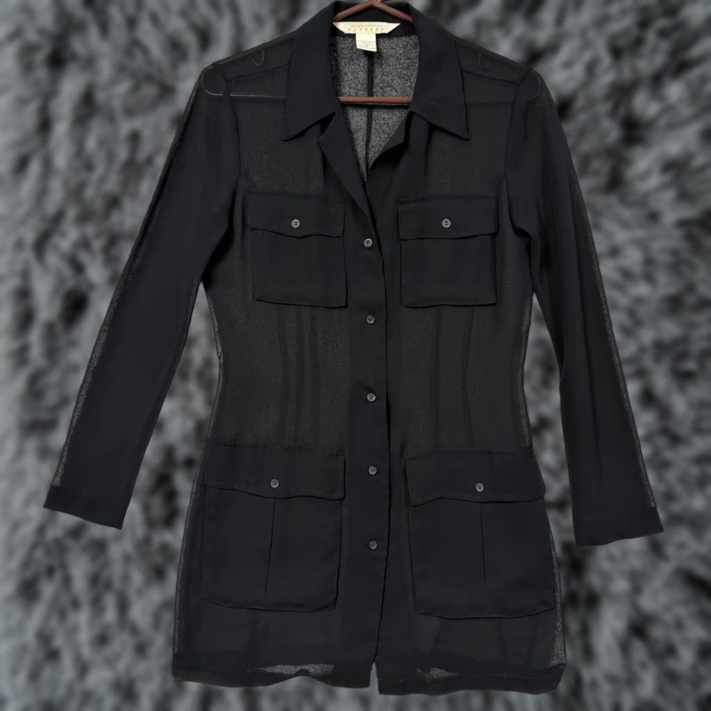 Express VINTAGE Express Tunic Shirt 90s Gothic Grunge Black S Women Long Sleeve Button-Up Pockets Sheer Size ONE SIZE - 1 Thumbnail