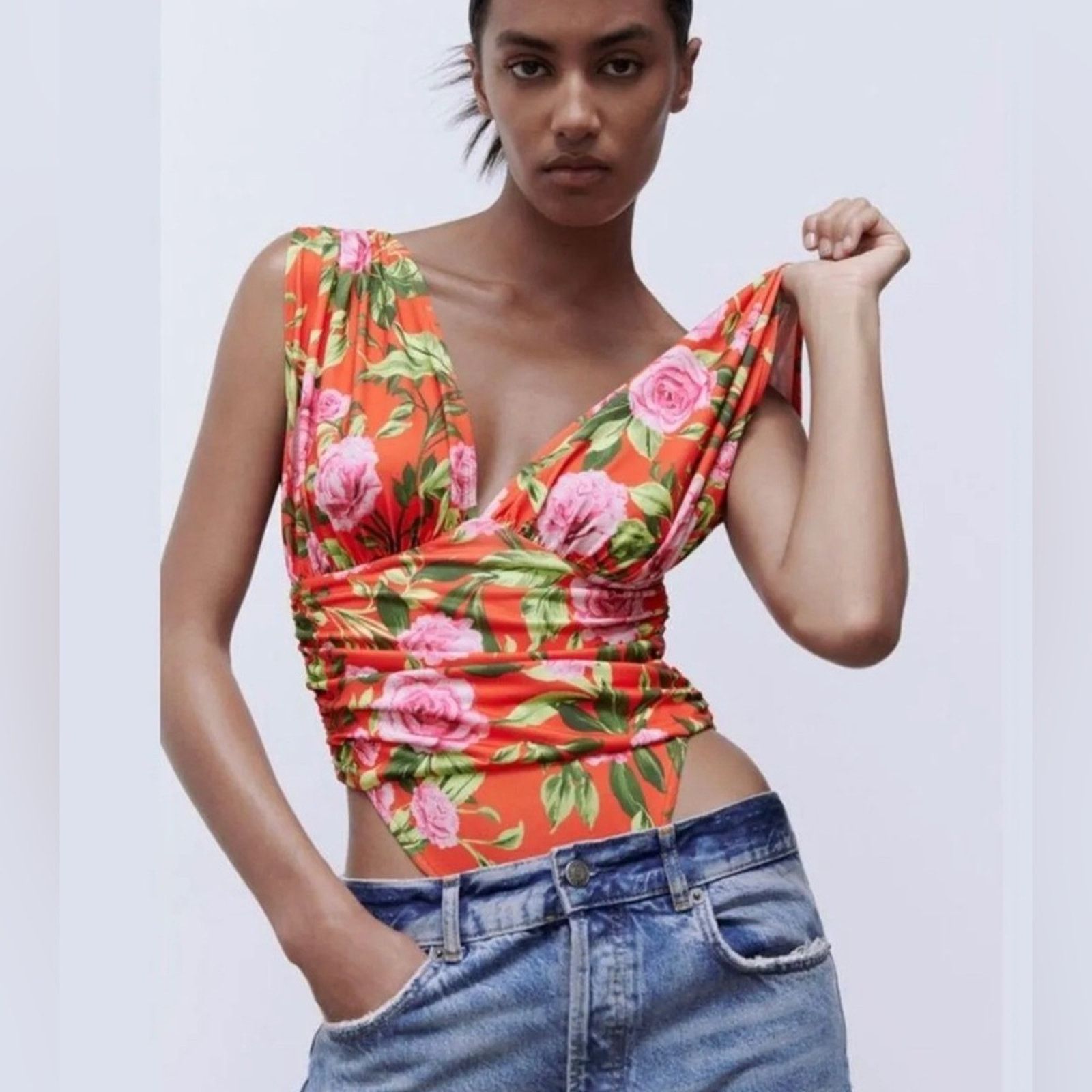 Zara Zara Draped Floral Print Bodysuit Size S / US 4 / IT 40 - 4 Thumbnail