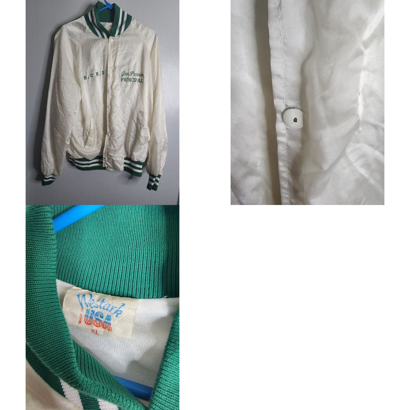 Champion VTG XL Polk County Academic Team Champions Satin Snap Jacket Ivory Men XL Varsity Jacket Football School 90s Distressed Logo N/A? Size US XL / EU 56 / 4 - 8 Thumbnail