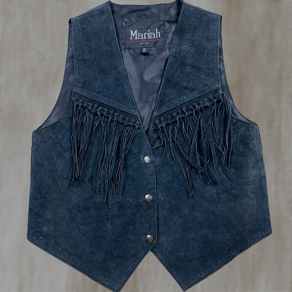 Vintage Mariah Vest Women Medium Black Suede Leather Biker Western Fringe Tassel VintageCowgirl Retro 80s 90s Jam Size M / US 6-8 / IT 42-44 - 1 Thumbnail
