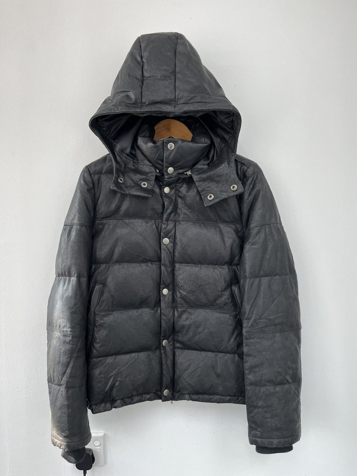 Japanese Brand FUUDOBRAIN Black Leather Hooded Down Jacket Size US S / EU 44-46 / 1 - 2 Thumbnail