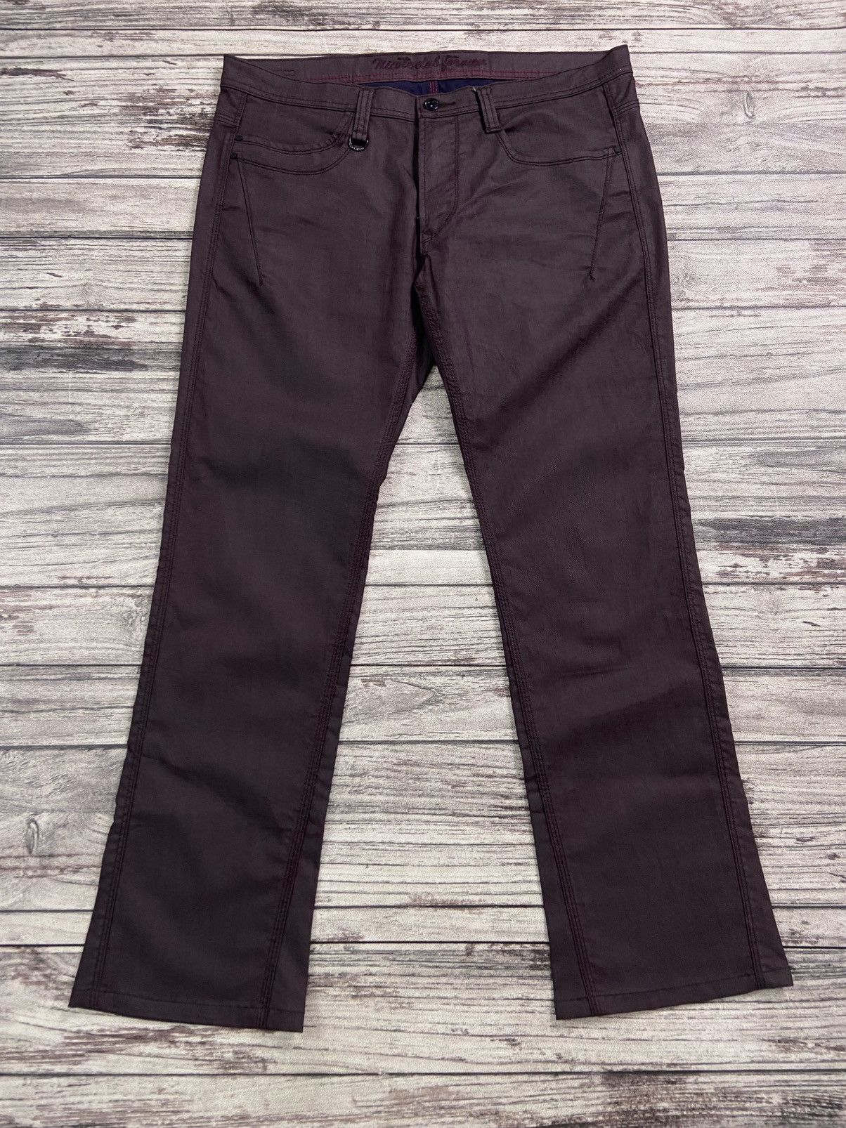 If Six Was Nine × Le Grande Bleu (L.G.B.) × Nicole Club 2000s NCFM Punk Goth Waxed Flare Pants Burgundy Avant Garde Size US 36 / EU 52 - 4 Thumbnail