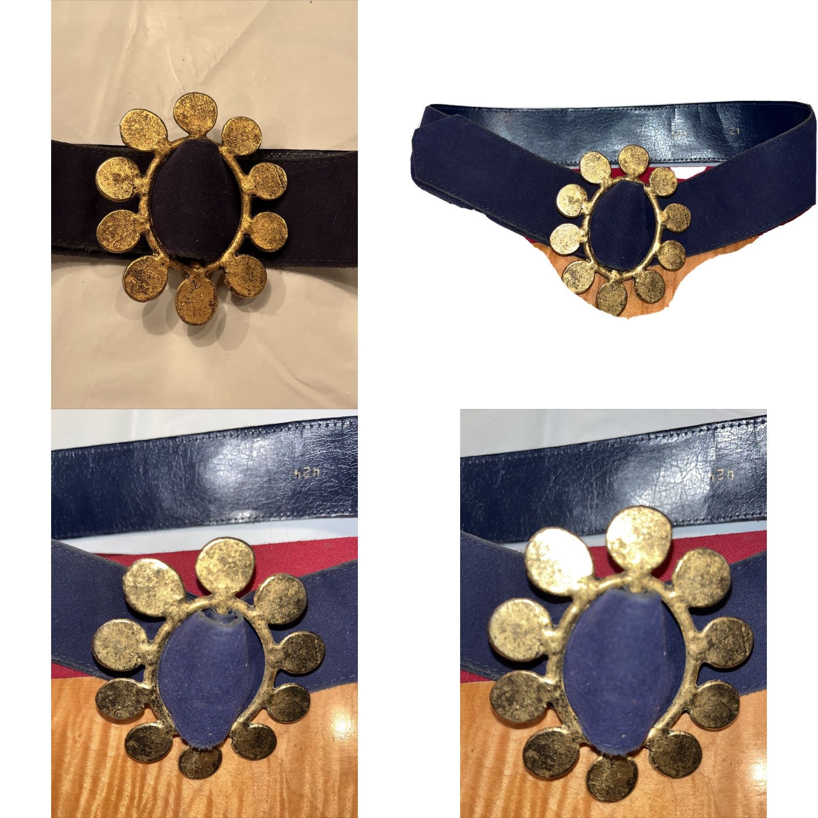 Velvet VINTAGE blue Velvet BELT 34”long Wide 2” Buckle Copper Disc LOOP Golden Circle Buckle Navy Blue Velvet Feel Adjustable Women Size ONE SIZE - 8 Thumbnail