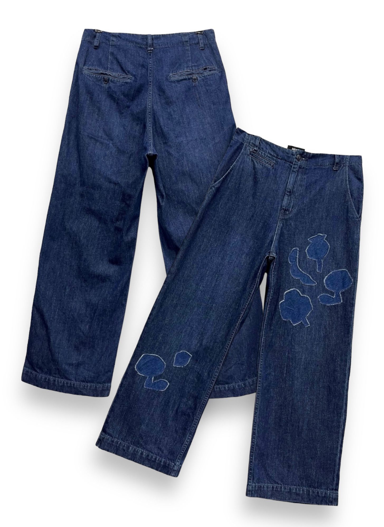image of Fyevtg Issey Miyake Ne-Net Baggy Art Patches Indigo Denim in Blue, Women's (Size 30)